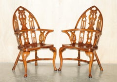 FINE SUITE OF FOUR VINTAGE GOTHIC WINDSOR STEEPLE BACK BURR YEW & ELM ARMCHAIRs
