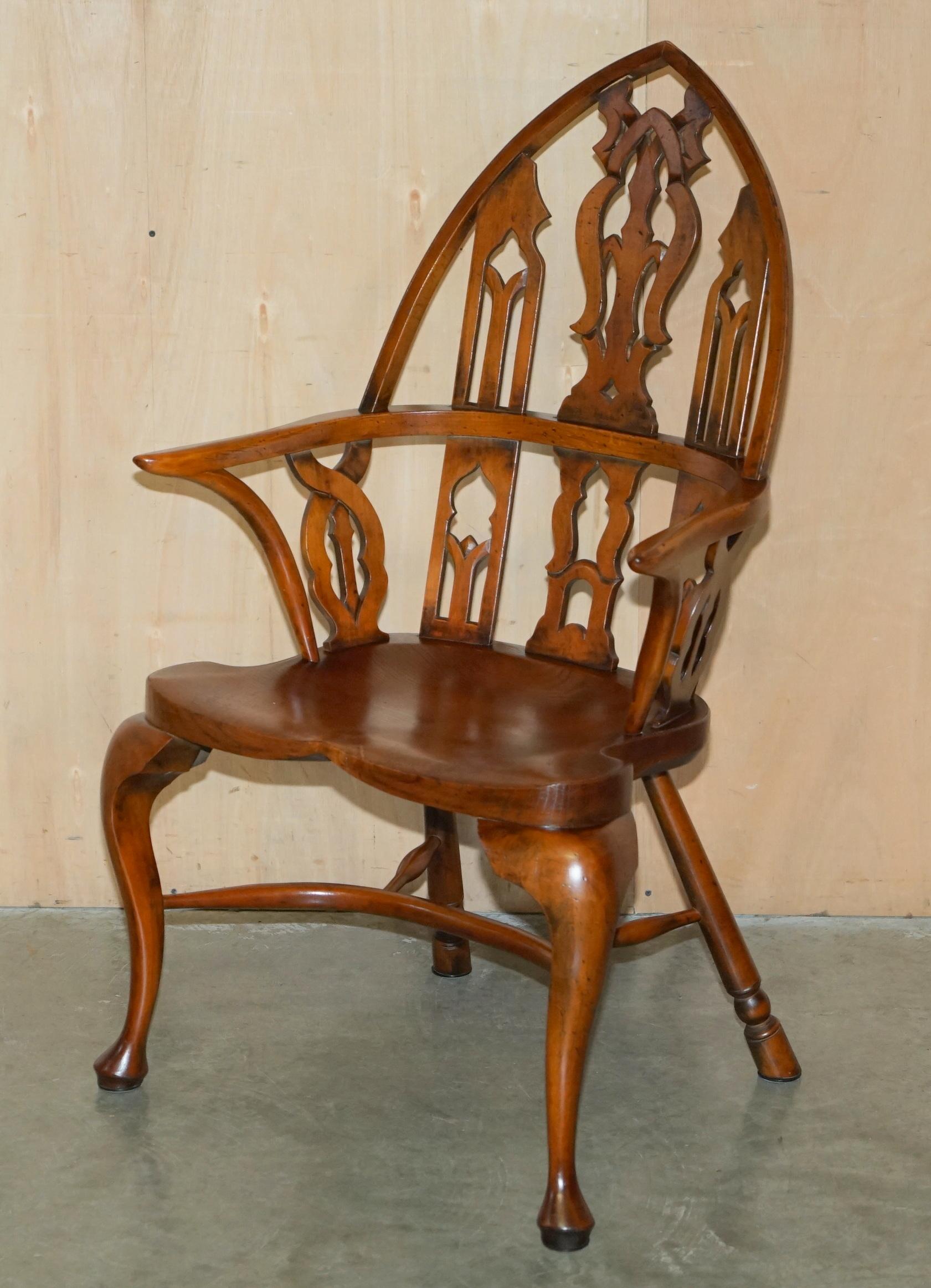 Gothic FINE SUITE OF FOUR VINTAGE GOTHIC WINDSOR STEEPLE BACK BURR YEW & ELM ARMCHAIRs For Sale