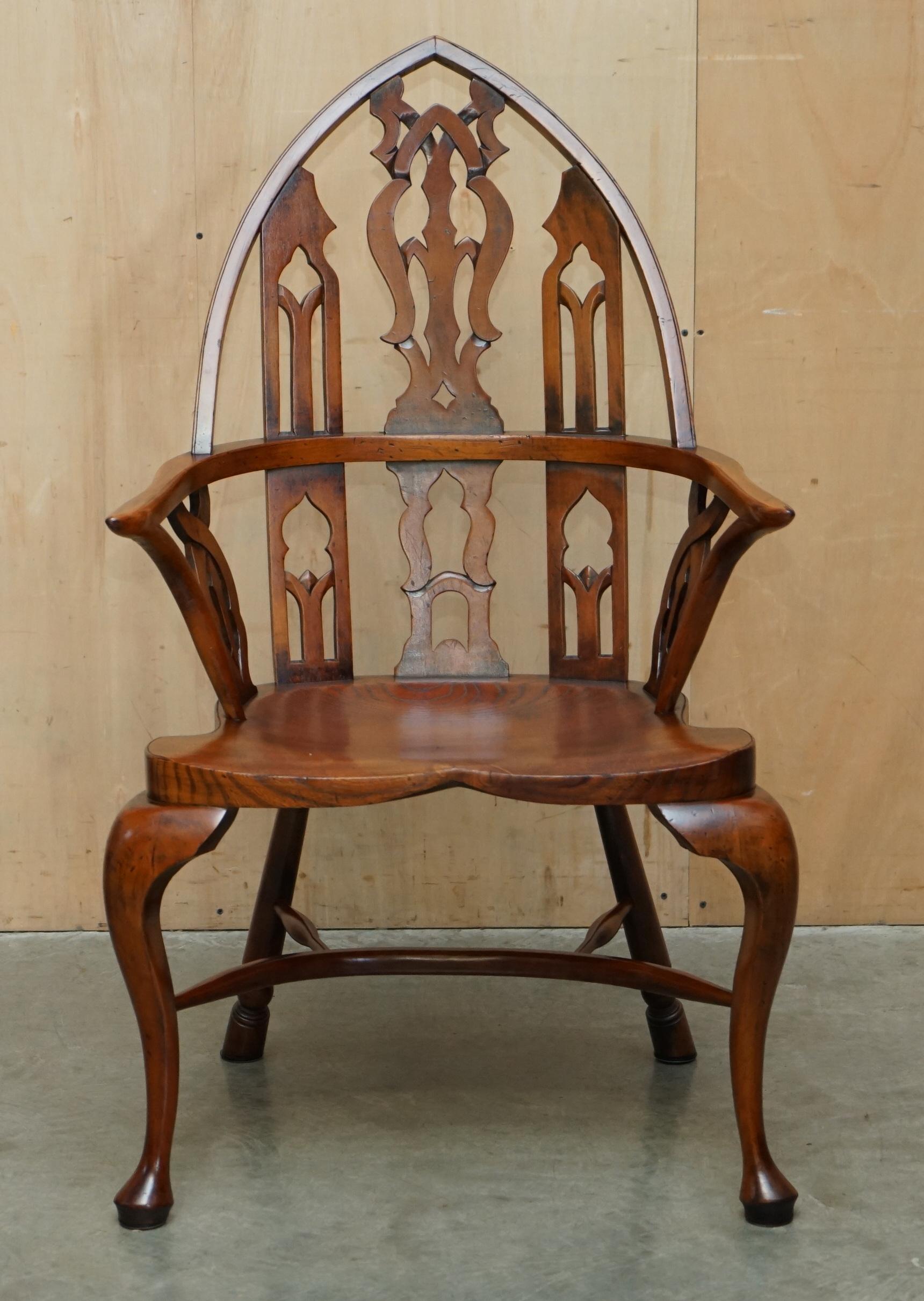 English FINE SUITE OF FOUR VINTAGE GOTHIC WINDSOR STEEPLE BACK BURR YEW & ELM ARMCHAIRs For Sale