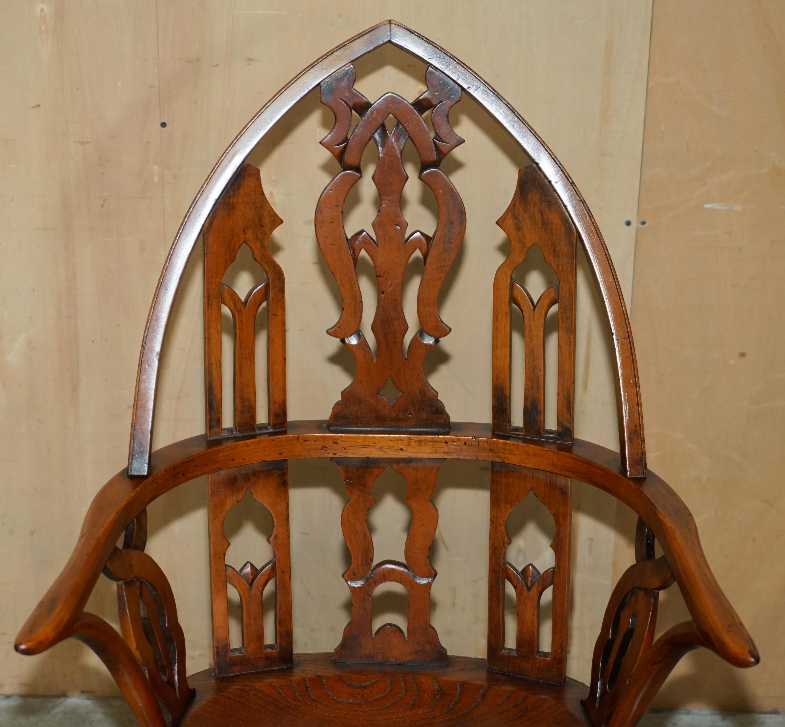 Hand-Crafted FINE SUITE OF FOUR VINTAGE GOTHIC WINDSOR STEEPLE BACK BURR YEW & ELM ARMCHAIRs For Sale