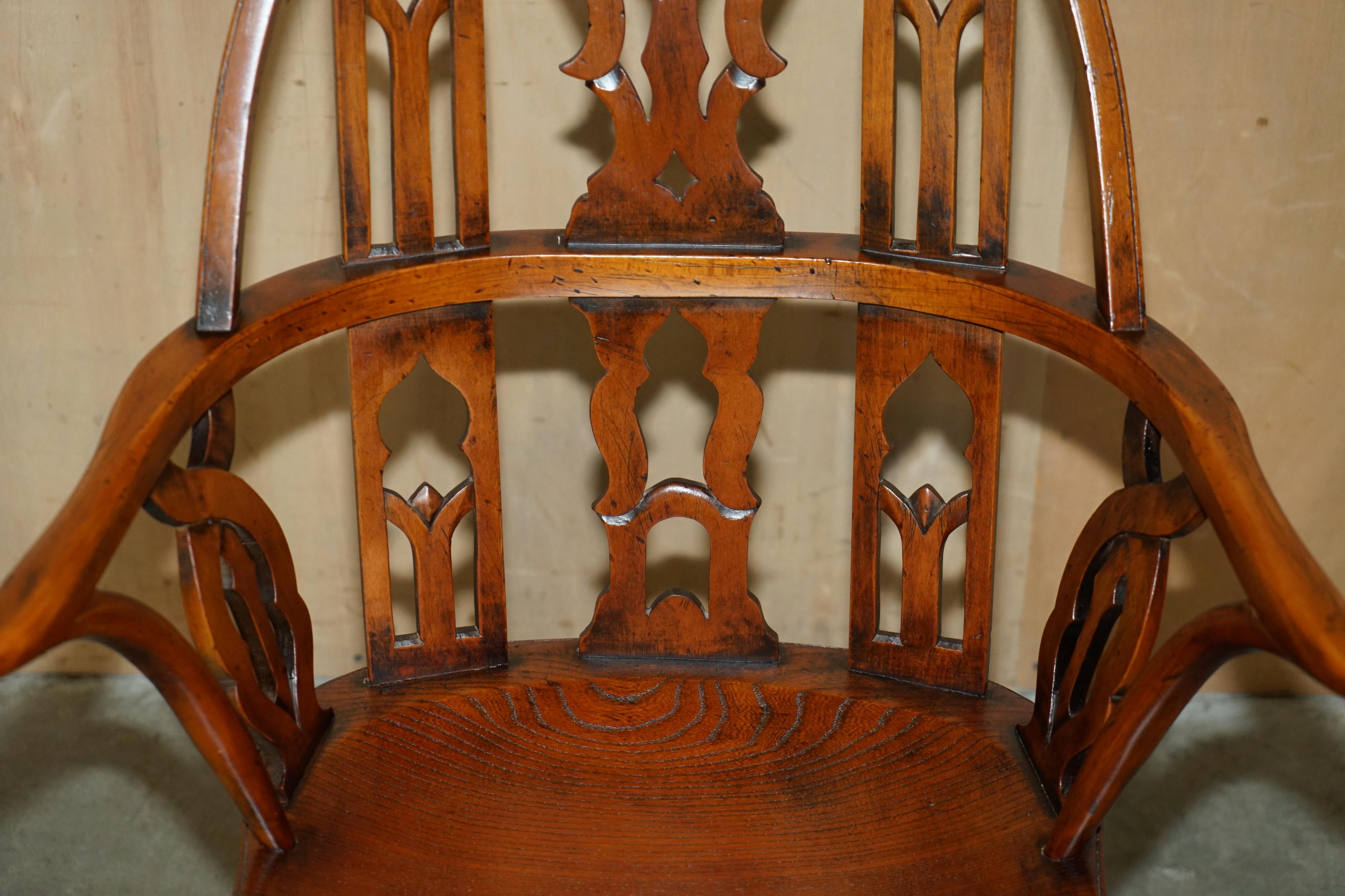 Elm FINE SUITE OF FOUR VINTAGE GOTHIC WINDSOR STEEPLE BACK BURR YEW & ELM ARMCHAIRs For Sale