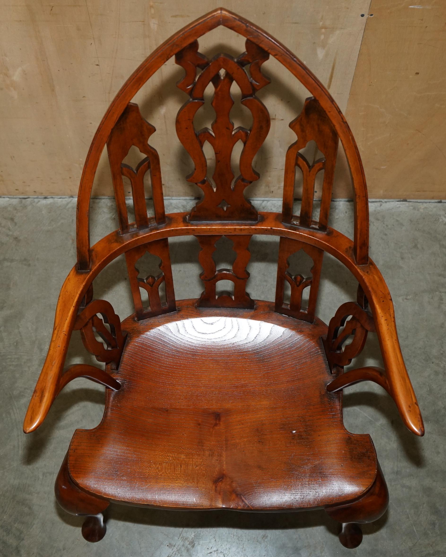 FINE SUITE OF FOUR VINTAGE GOTHIC WINDSOR STEEPLE BACK BURR YEW & ELM ARMCHAIRs For Sale 1