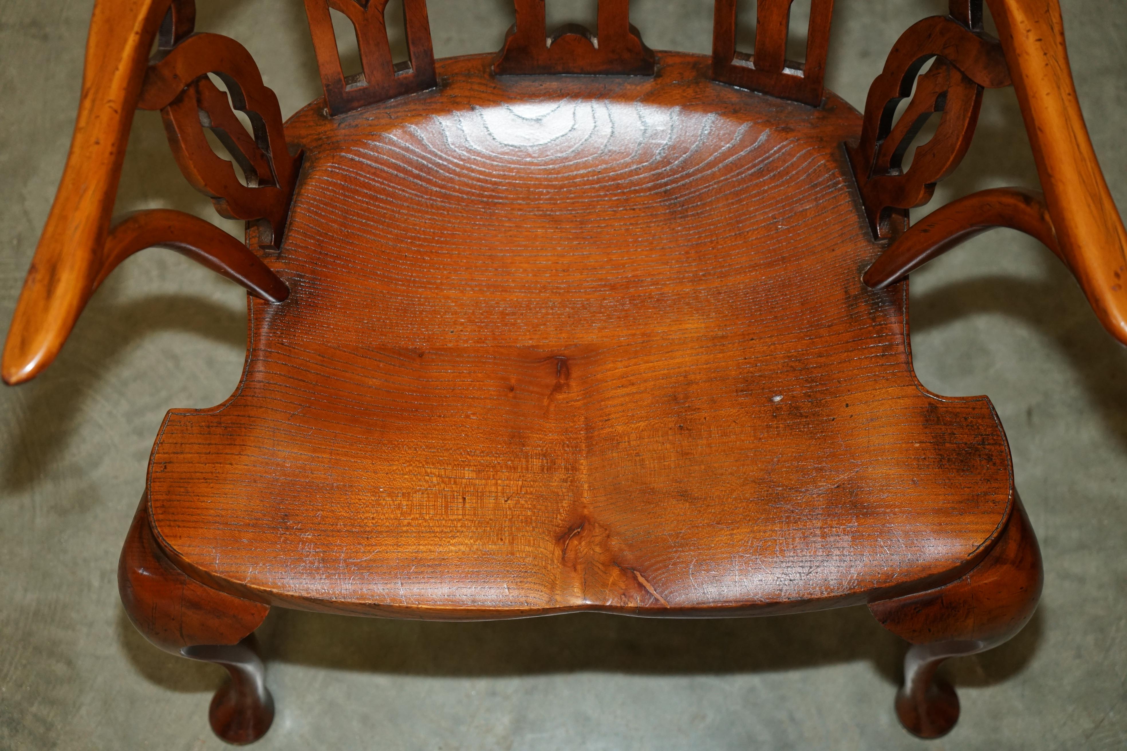 FINE SUITE OF FOUR VINTAGE GOTHIC WINDSOR STEEPLE BACK BURR YEW & ELM ARMCHAIRs For Sale 2
