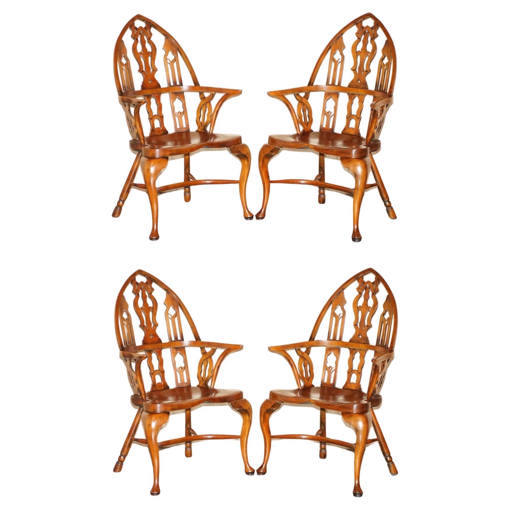 FINE SUITE OF FOUR VINTAGE GOTHIC WINDSOR STEEPLE BACK BURR YEW & ELM ARMCHAIRs For Sale
