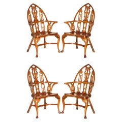 FINE SUITE DE FOUR VINTAGE GOTHIC WINDSOR STEEPLE BACK BURR YEW & ELM ARMCHAIRs