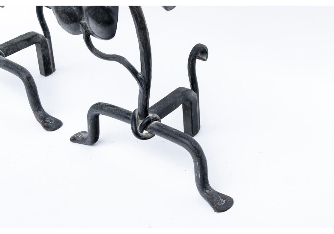 Iron Fine Sun Flower Andiron Pair After Diego Giacometti 
