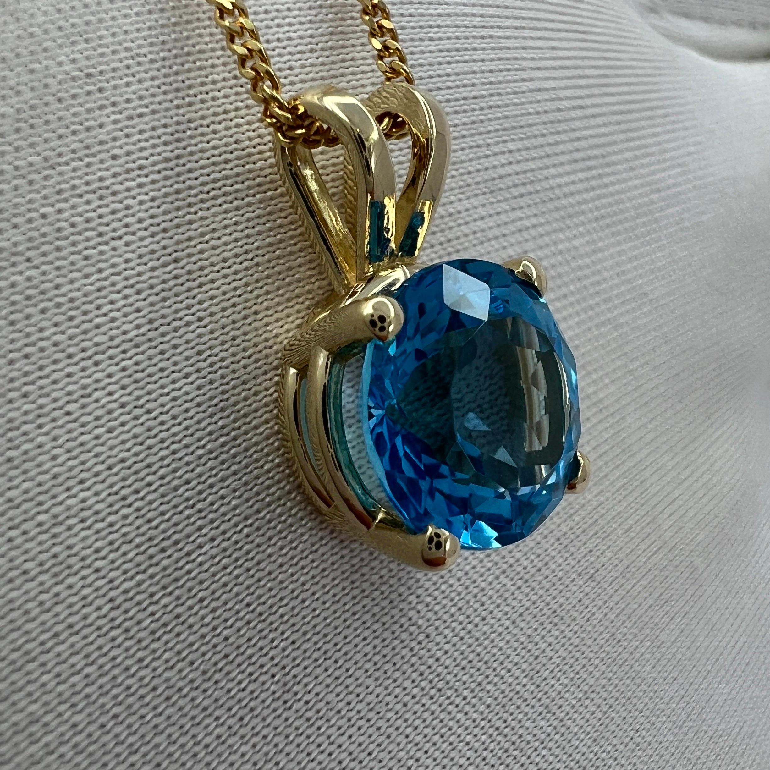 Fine Swiss Blue Topaz 3.32ct Round Cut Yellow Gold Solitaire Pendant Necklace 1