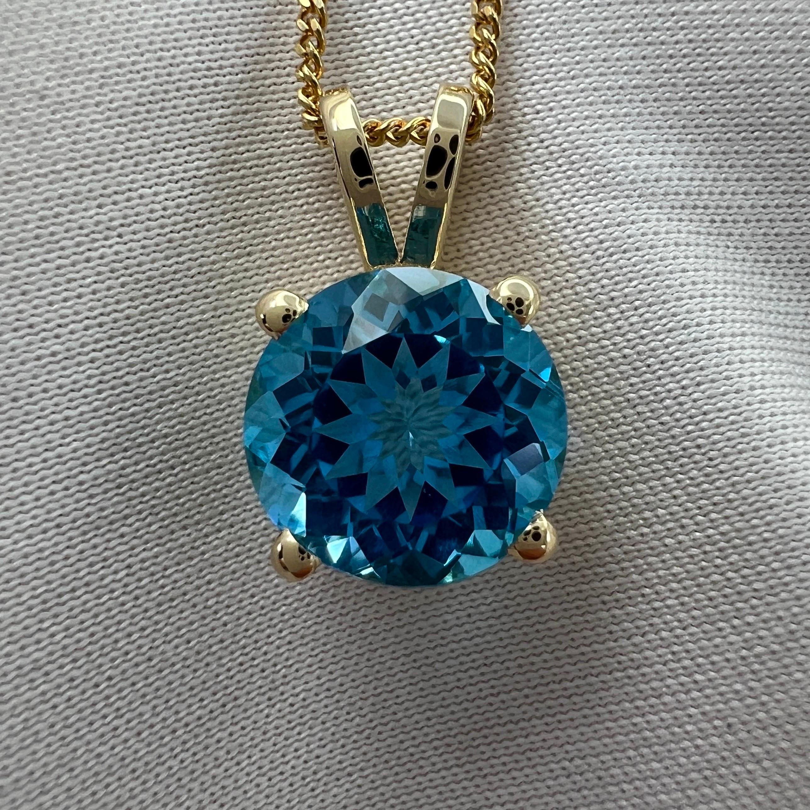 Fine Swiss Blue Topaz 3.32ct Round Cut Yellow Gold Solitaire Pendant Necklace 2