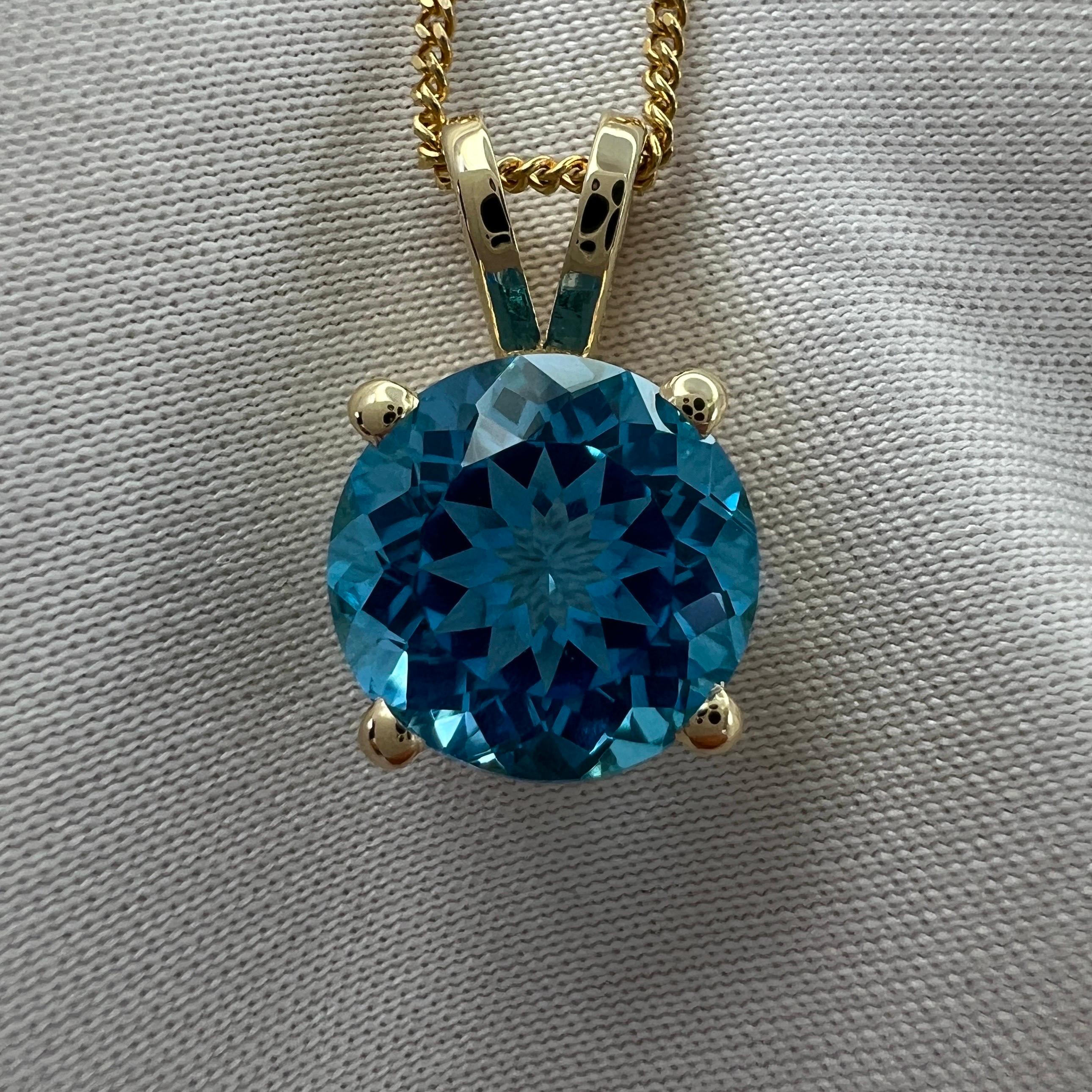 Fine Swiss Blue Topaz 3.32ct Round Cut Yellow Gold Solitaire Pendant Necklace 3