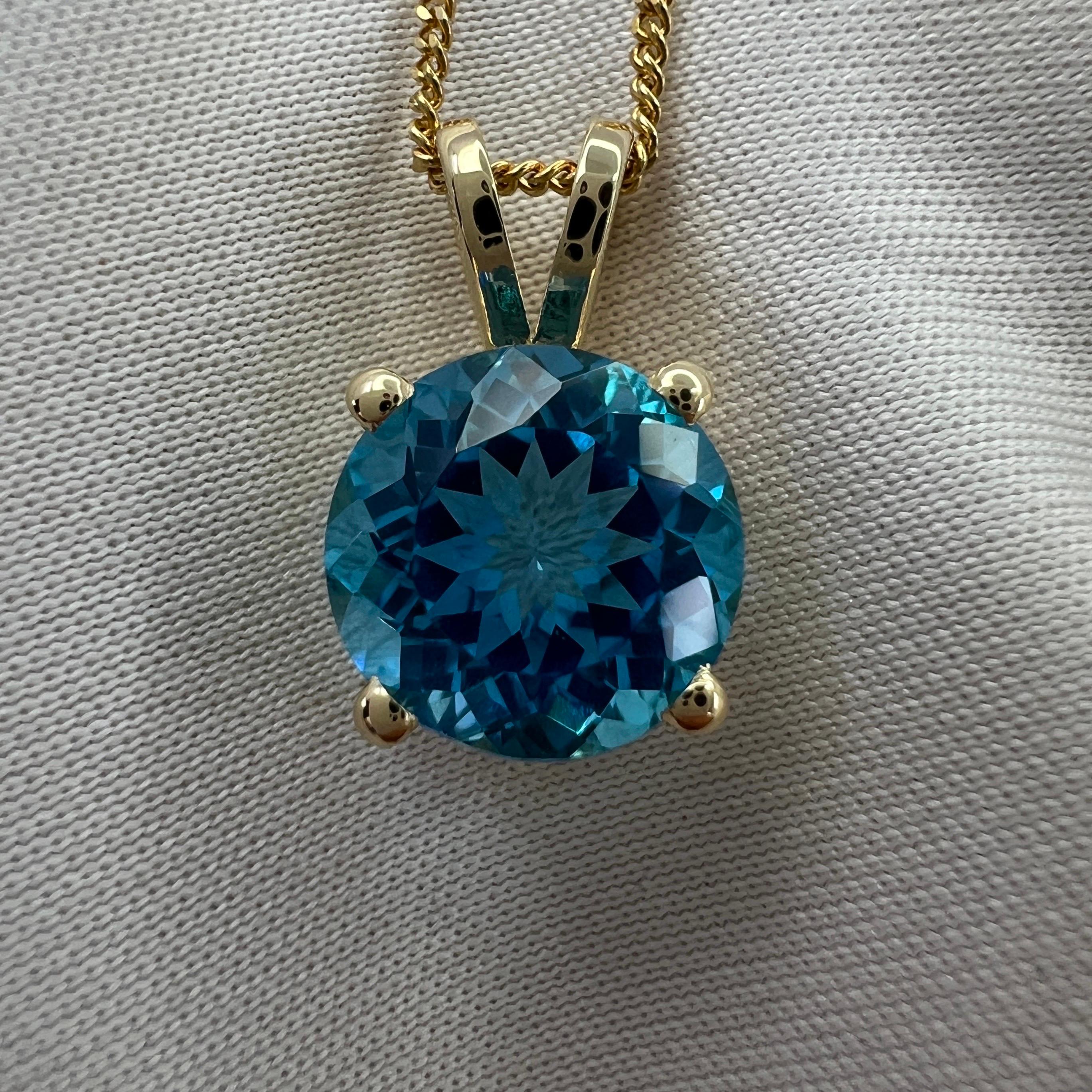 Fine Swiss Blue Topaz 3.32ct Round Cut Yellow Gold Solitaire Pendant Necklace 4