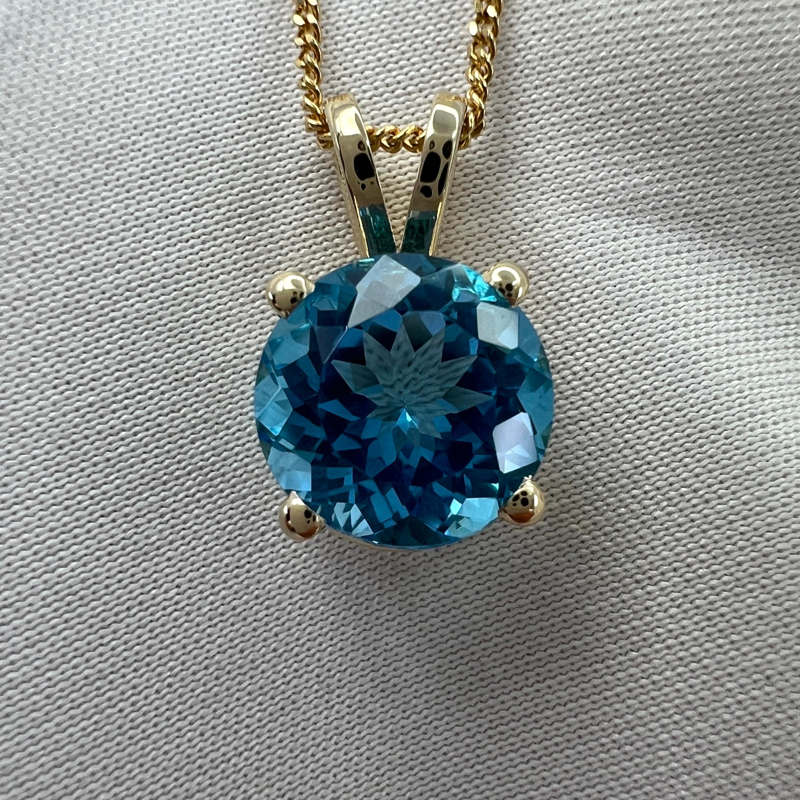 Fine Swiss Blue Topaz 3.32ct Round Cut Yellow Gold Solitaire Pendant Necklace 5