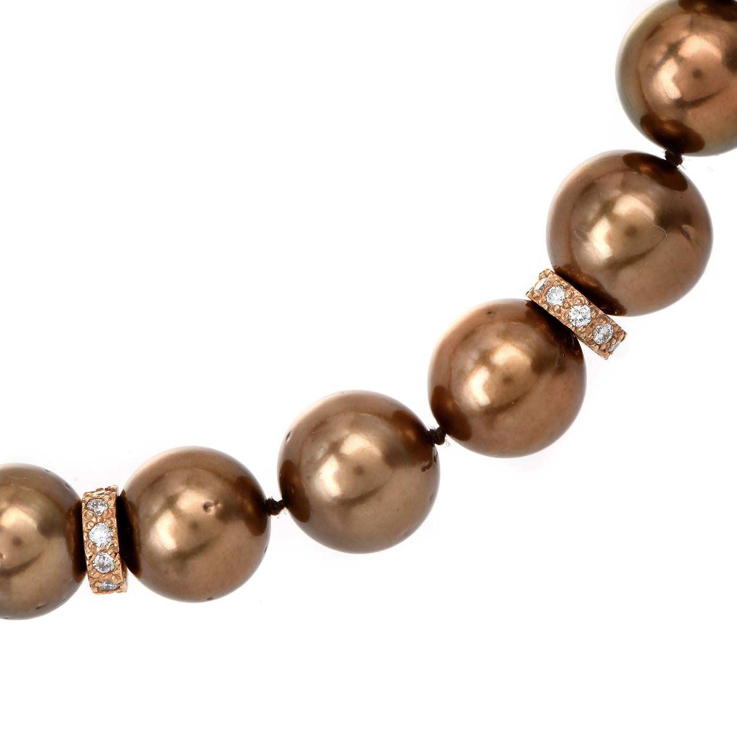 Round Cut Fine Tahitian Golden Brown Pearl Diamond 18karat Rose Gold Bead Necklace For Sale