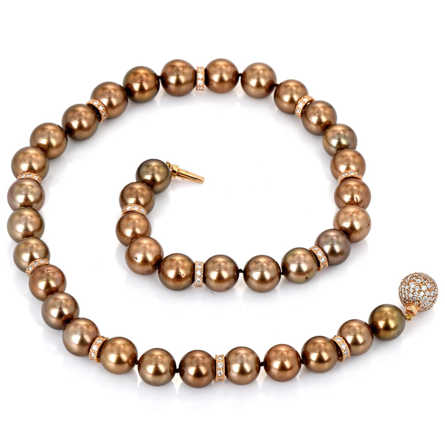 Fine Tahitian Golden Brown Pearl Diamond 18karat Rose Gold Bead Necklace In Excellent Condition For Sale In Miami, FL