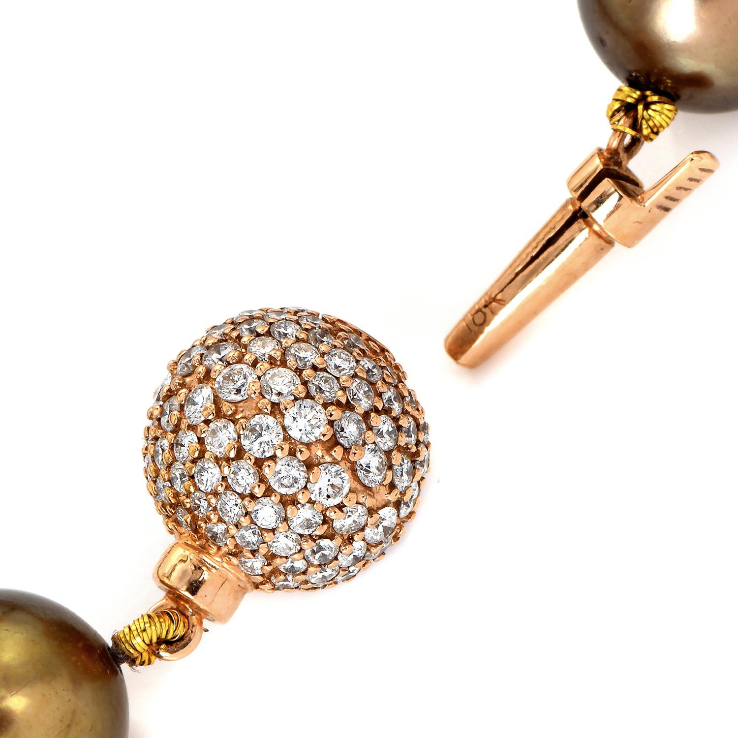 Feine goldene Brown Tahiti-Perle Diamant 18K Rose Gold Perlenkette Damen im Angebot