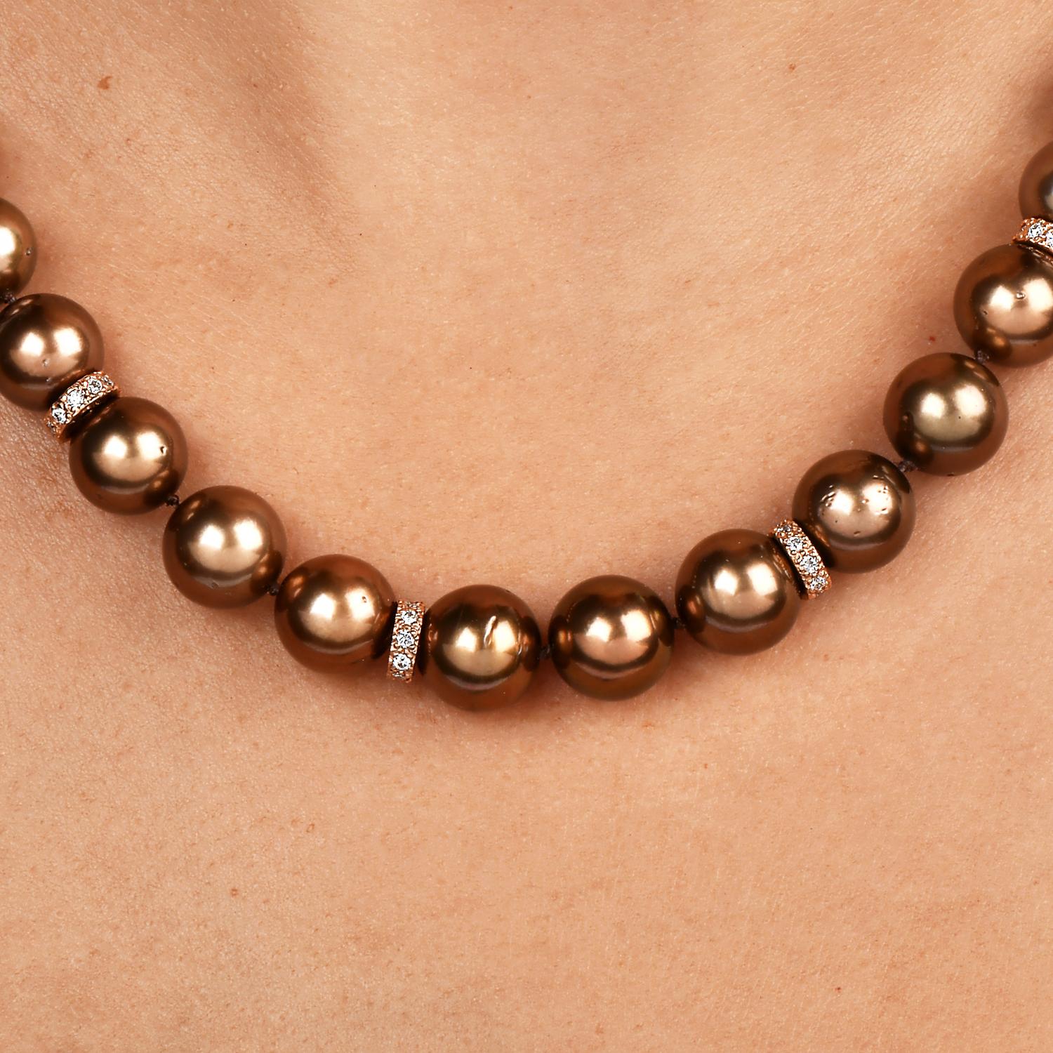 Fine Tahitian Golden Brown Pearl Diamond 18karat Rose Gold Bead Necklace For Sale 2