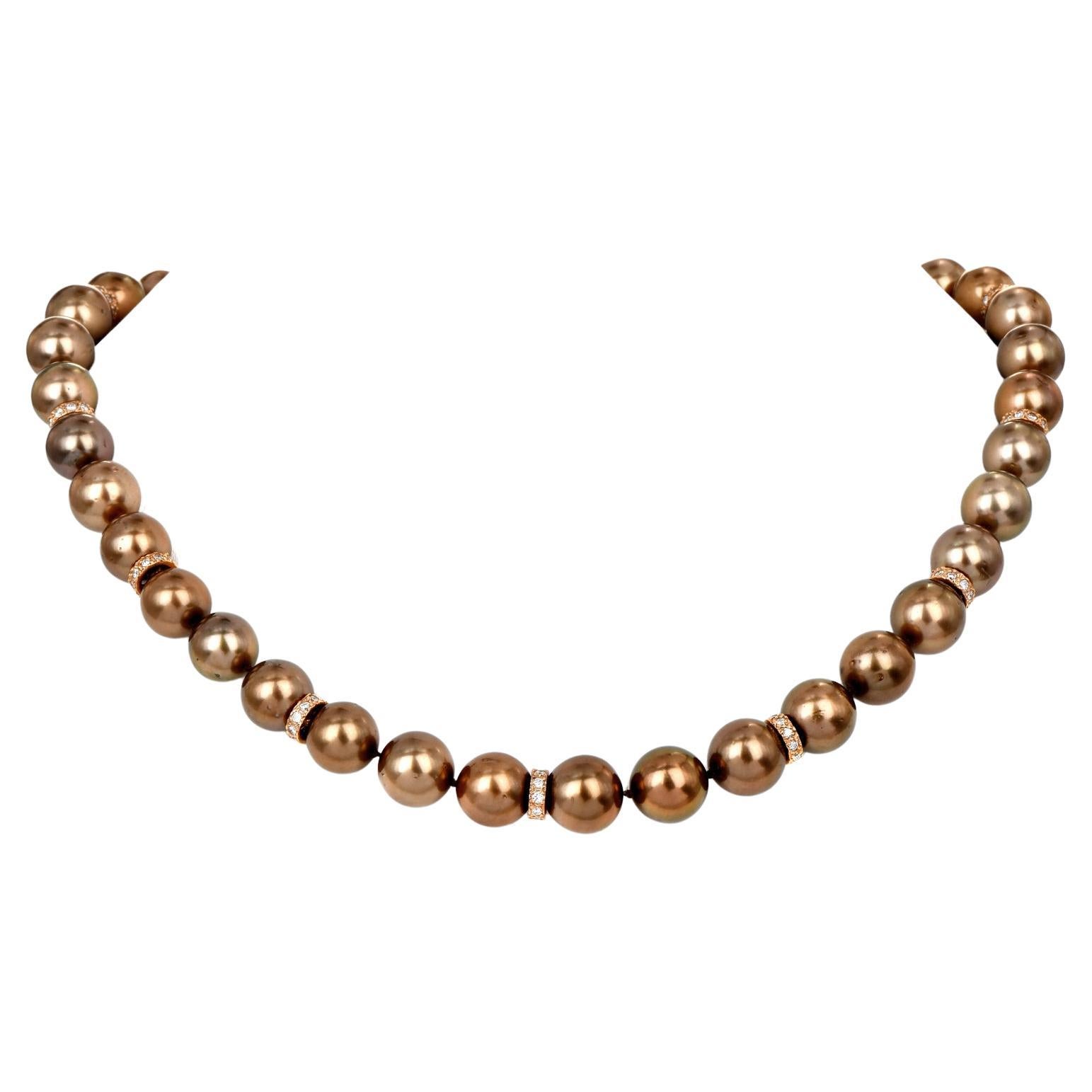 Fine Tahitian Golden Brown Pearl Diamond 18karat Rose Gold Bead Necklace For Sale