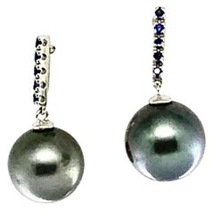 Fine Tahitian Pearl and Sapphire 14 Karat Earrings Certified