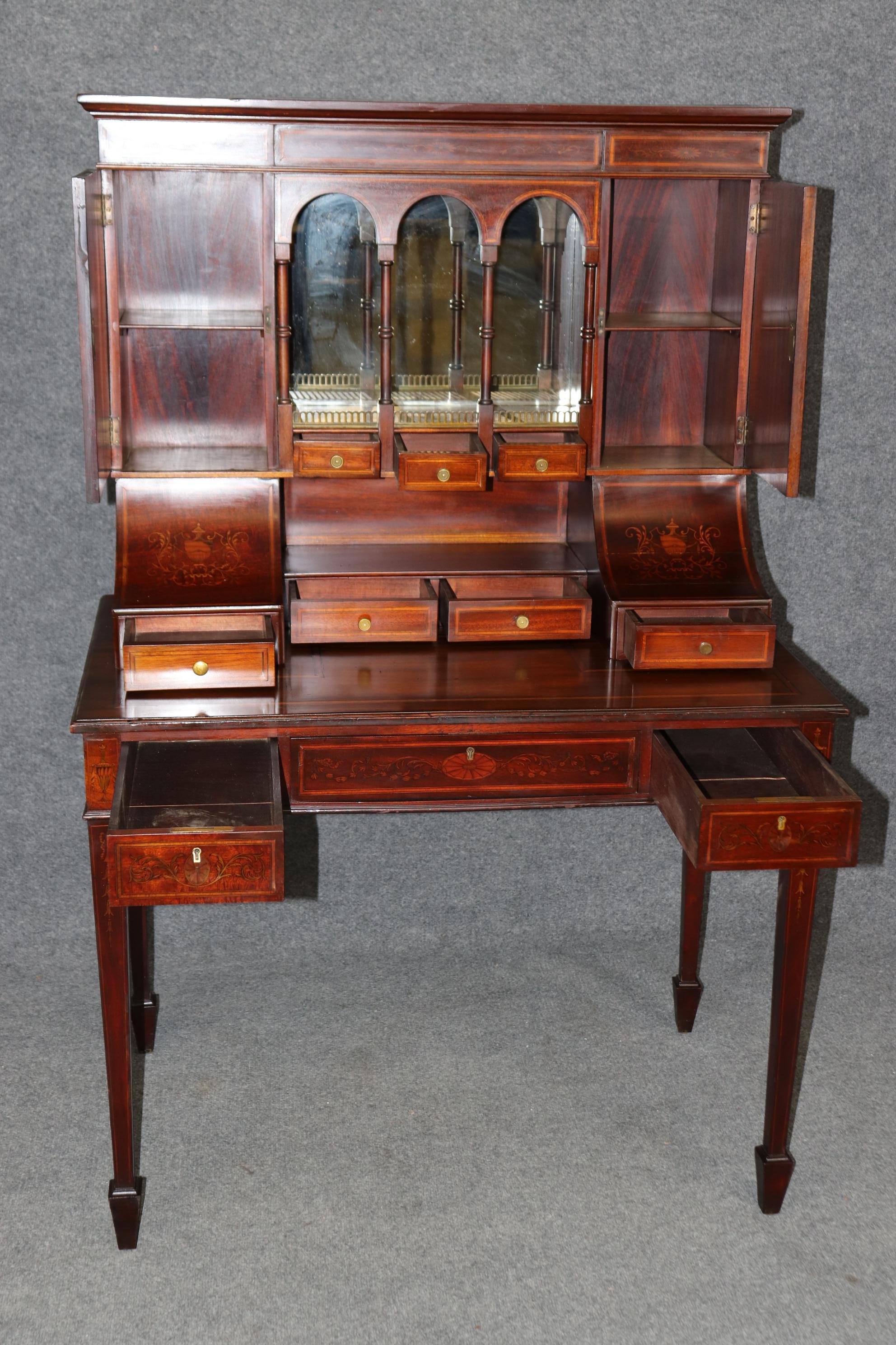 Style Adam Grand bureau secrétaire deux pièces en acajou foncé marqueté Carlton House anglais en vente