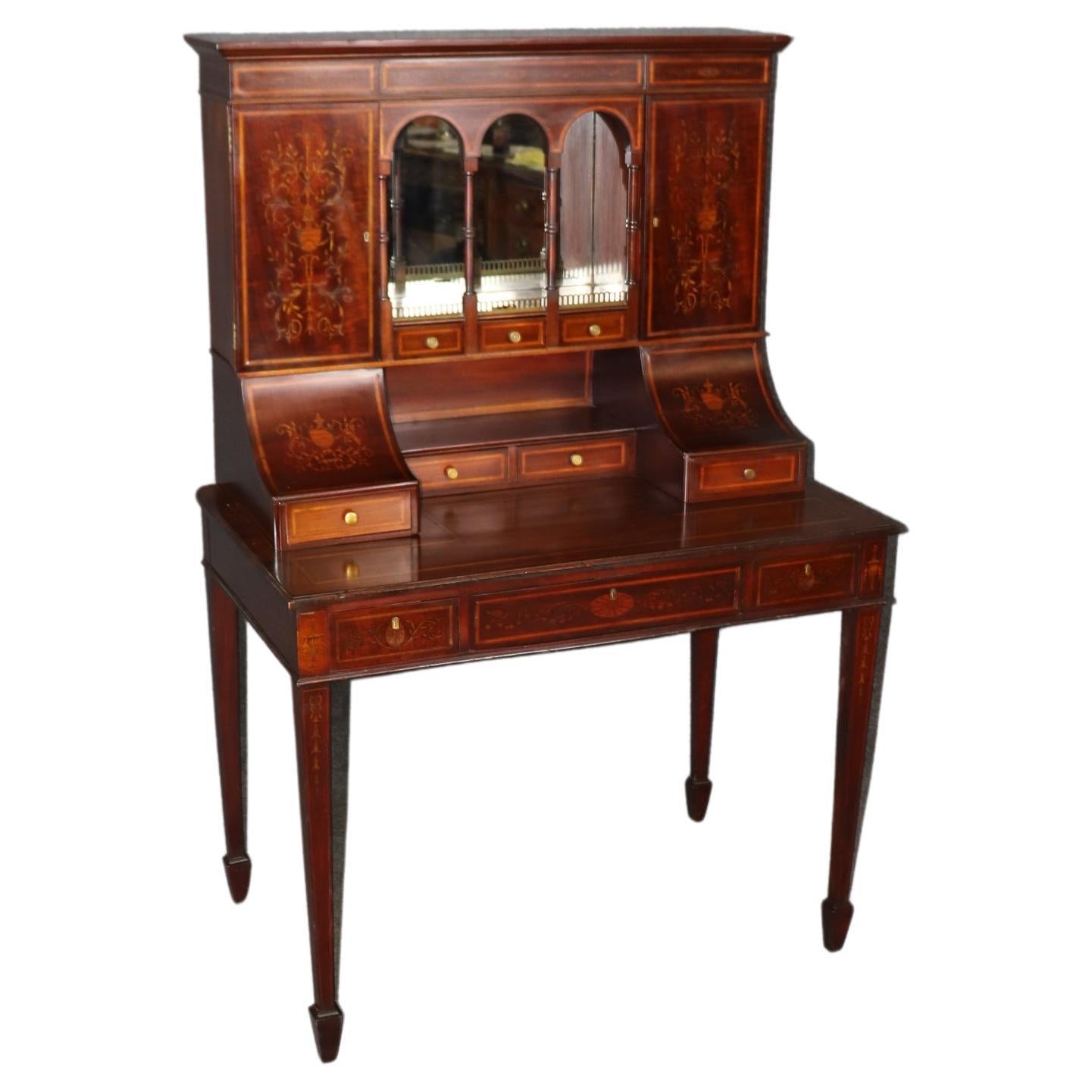 Fine Tall Inlaid Dark Mahogany English Carlton House Two-Piece Secretary Desk 