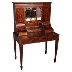 Antique Fine Tall Inlaid Dark Mahogany English Carlton House Two-Piece Secretary Desk 