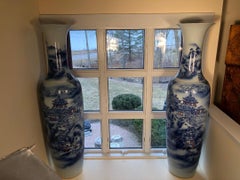 Fine PAIR Tall Monumental Hand Painted Blue and White Palace Vases