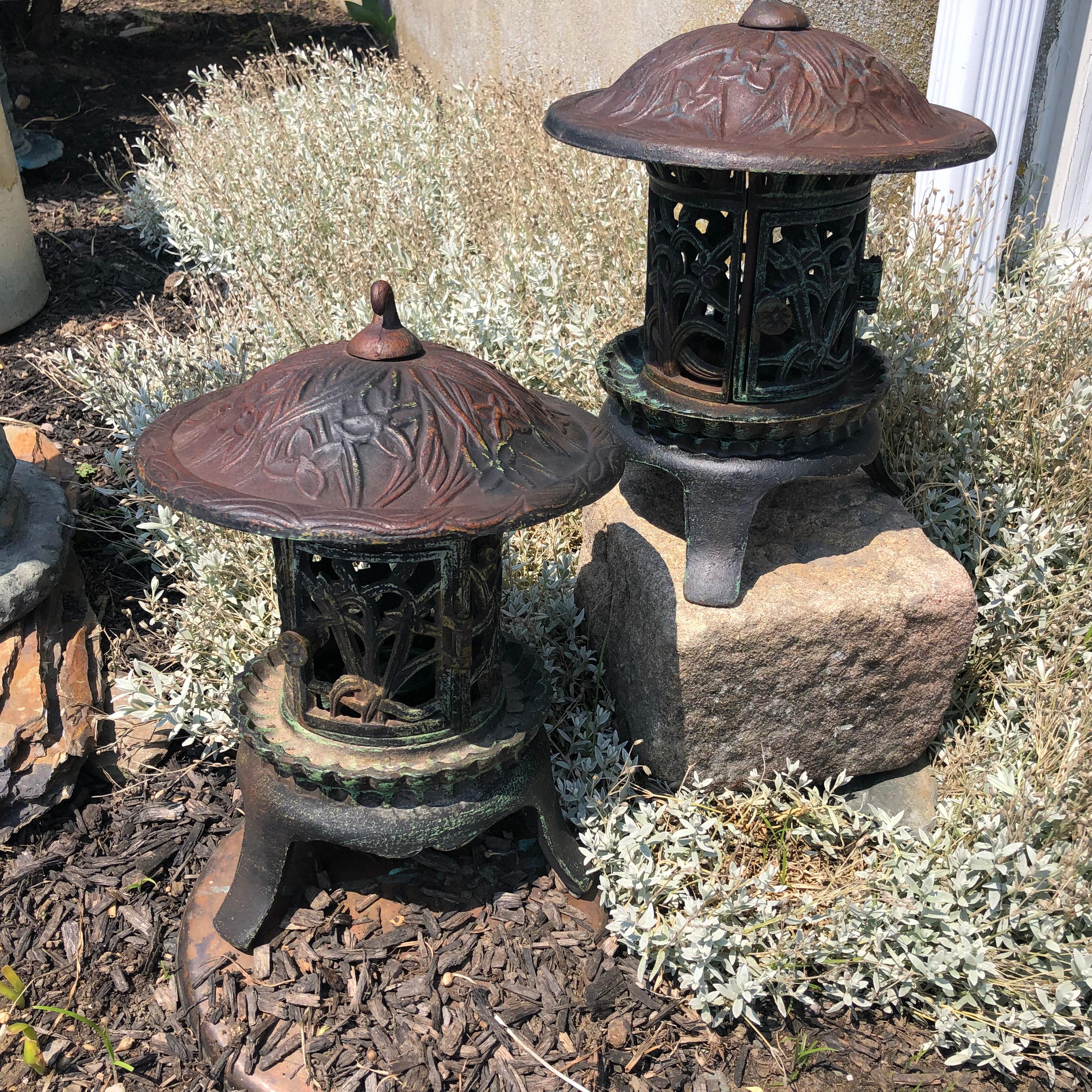 Chinese Old Tall Round Garden Lanterns “ Iris, Flowers & Vines