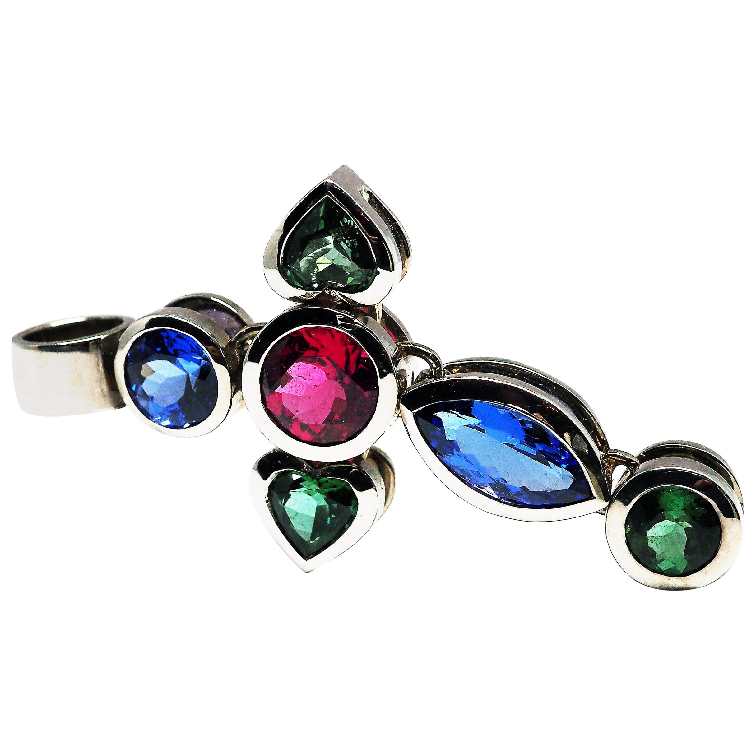 Pendant in White Gold with 6 green Tourmalines and Rubelites and Tansanites. For Sale