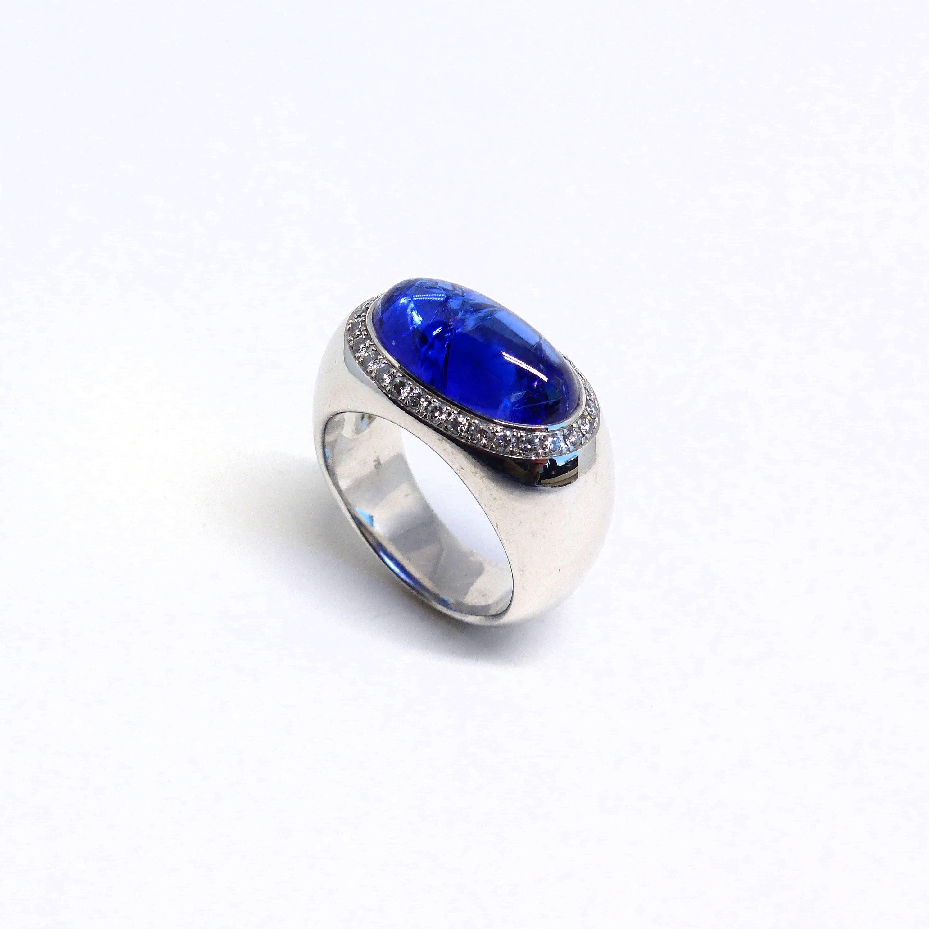 Thomas Leyser is renowned for his contemporary jewellery designs utilizing fine coloured gemstones and diamonds. 

This ring in 18k white gold is set with a top quality Tanzanite Cabouchon (16x9mm, 6.70cts) and Diamonds (brilliant-cut, 1.2mm, G/VS,