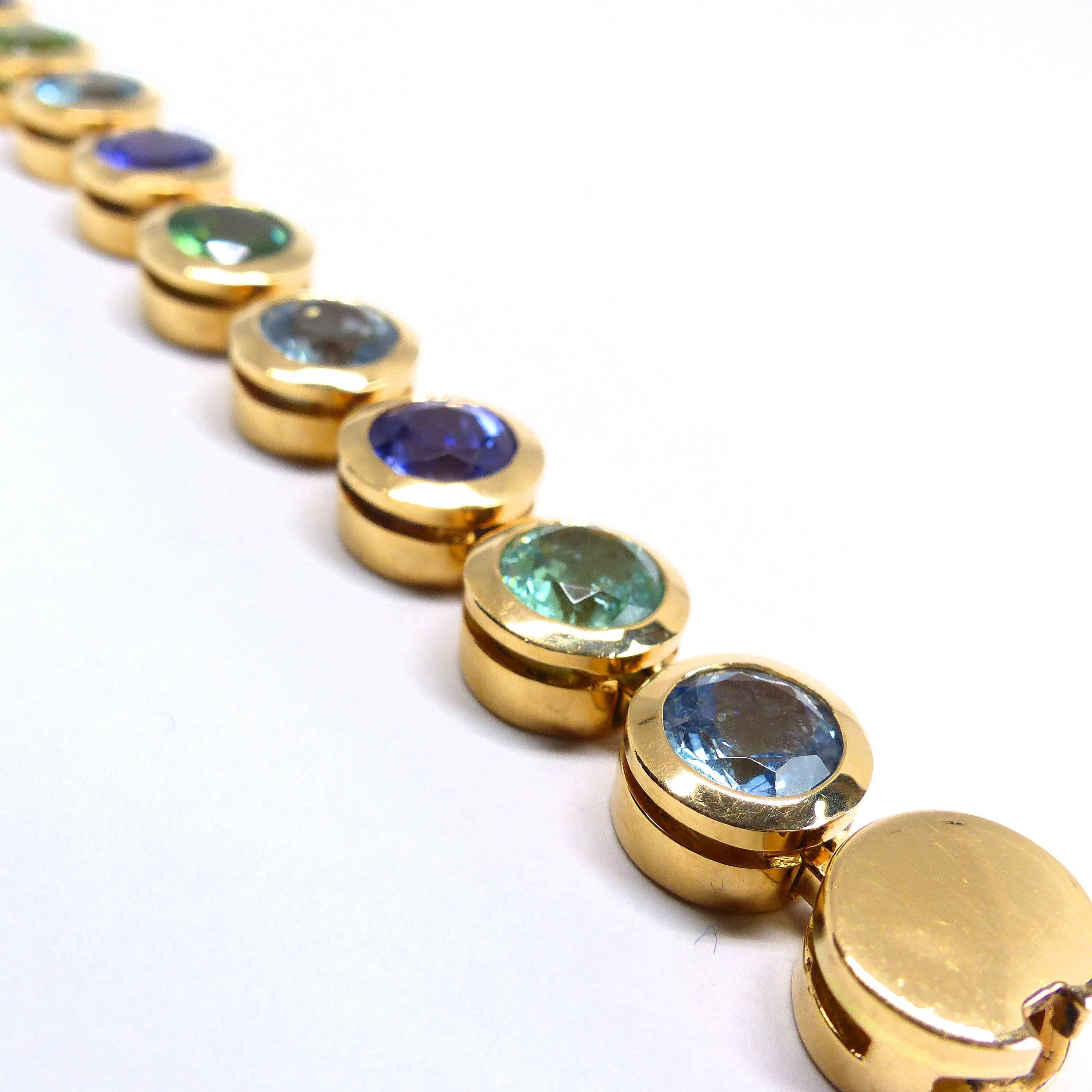 Contemporary Fine Tanzanite Aquamarine Tourmaline 18K Gold Bracelet