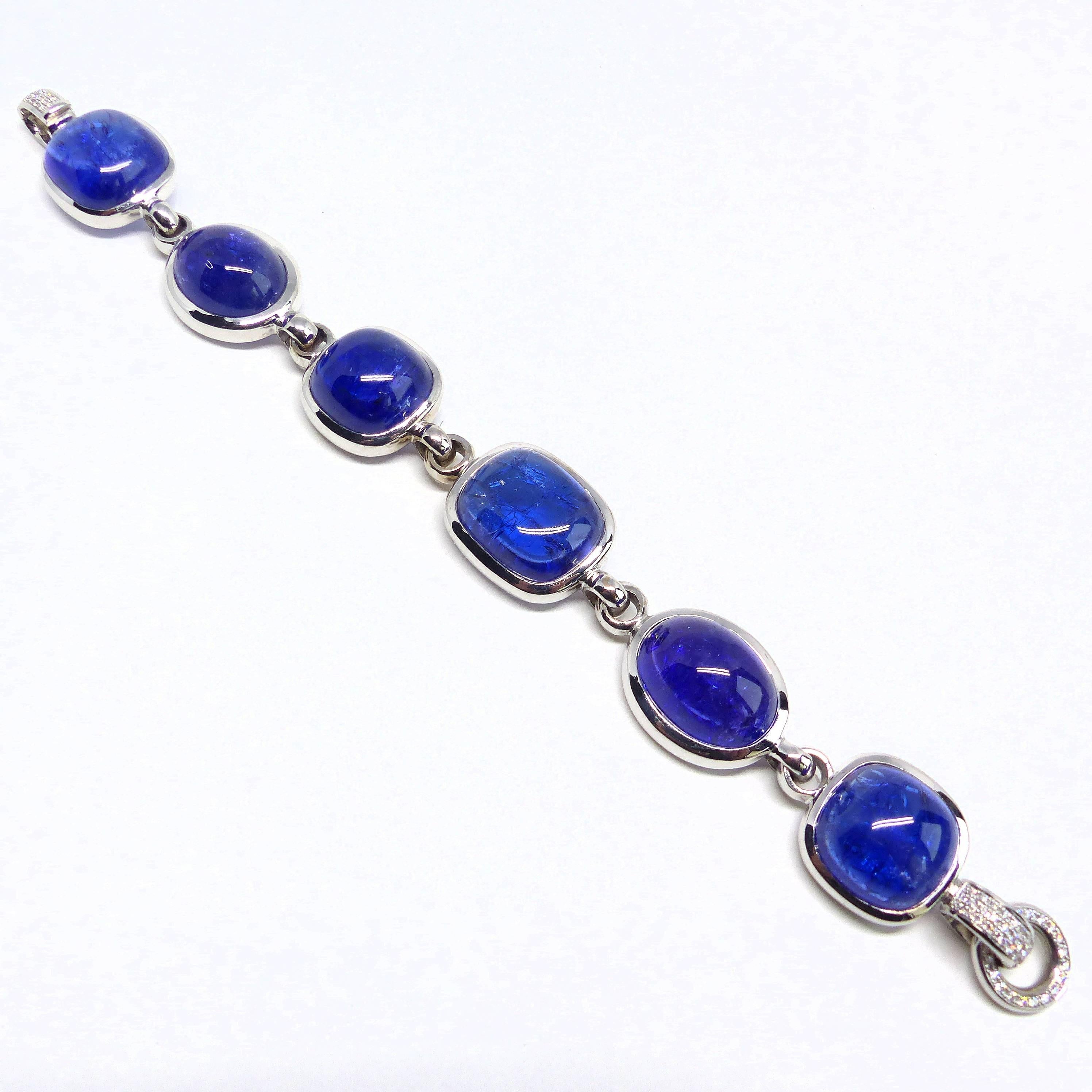Thomas Leyser is renowned for his contemporary jewellery designs utilizing fine gemstones. 

This 18k white gold (78g) bracelet is set with 6x fine Tanzanite Cabouchons (156.65ct in total), in various shapes, accentuated by 67 diamonds pavé G(VS) in