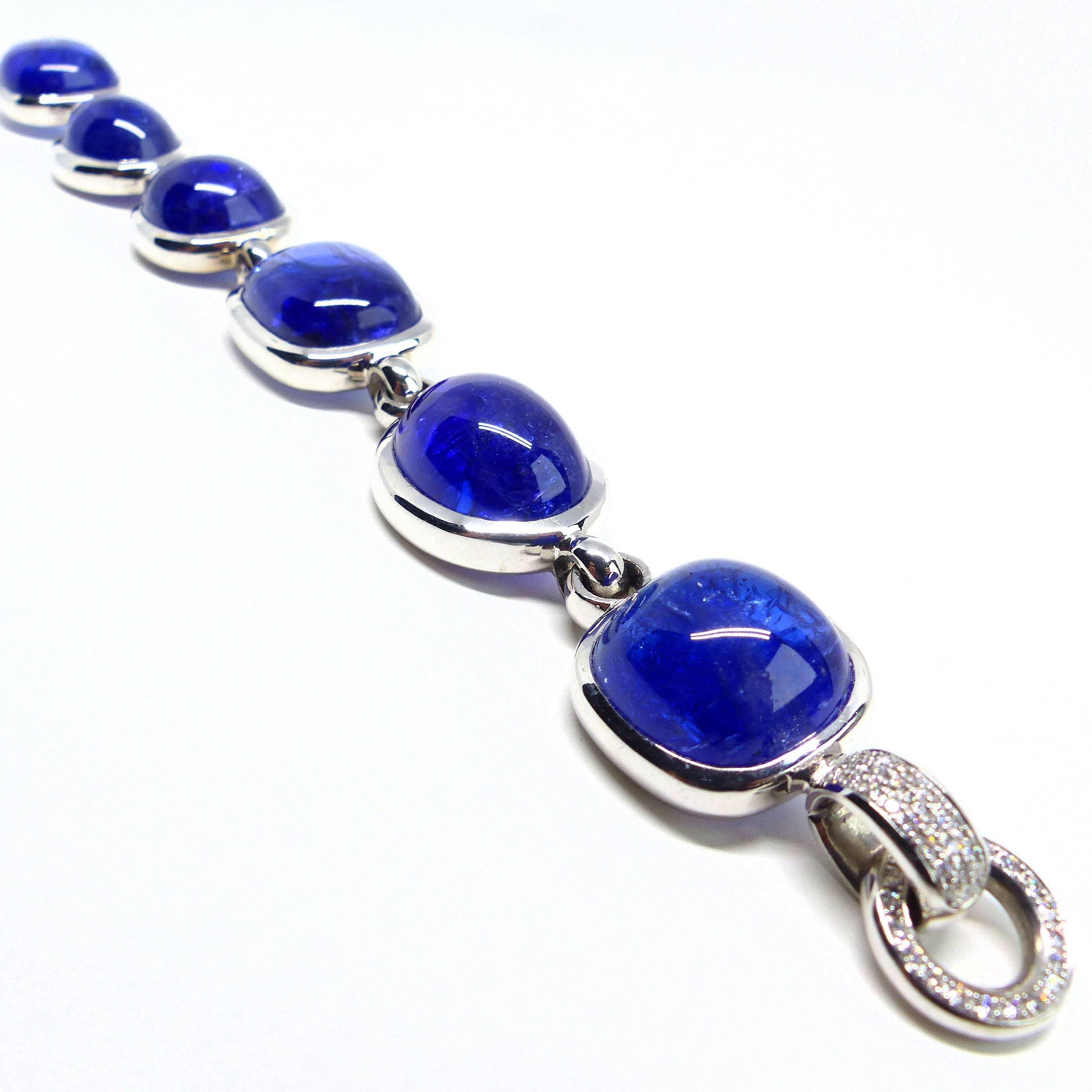 Contemporary Bracelet in White Gold with 6 Tanzanite Cabouchons and Diamonds. For Sale