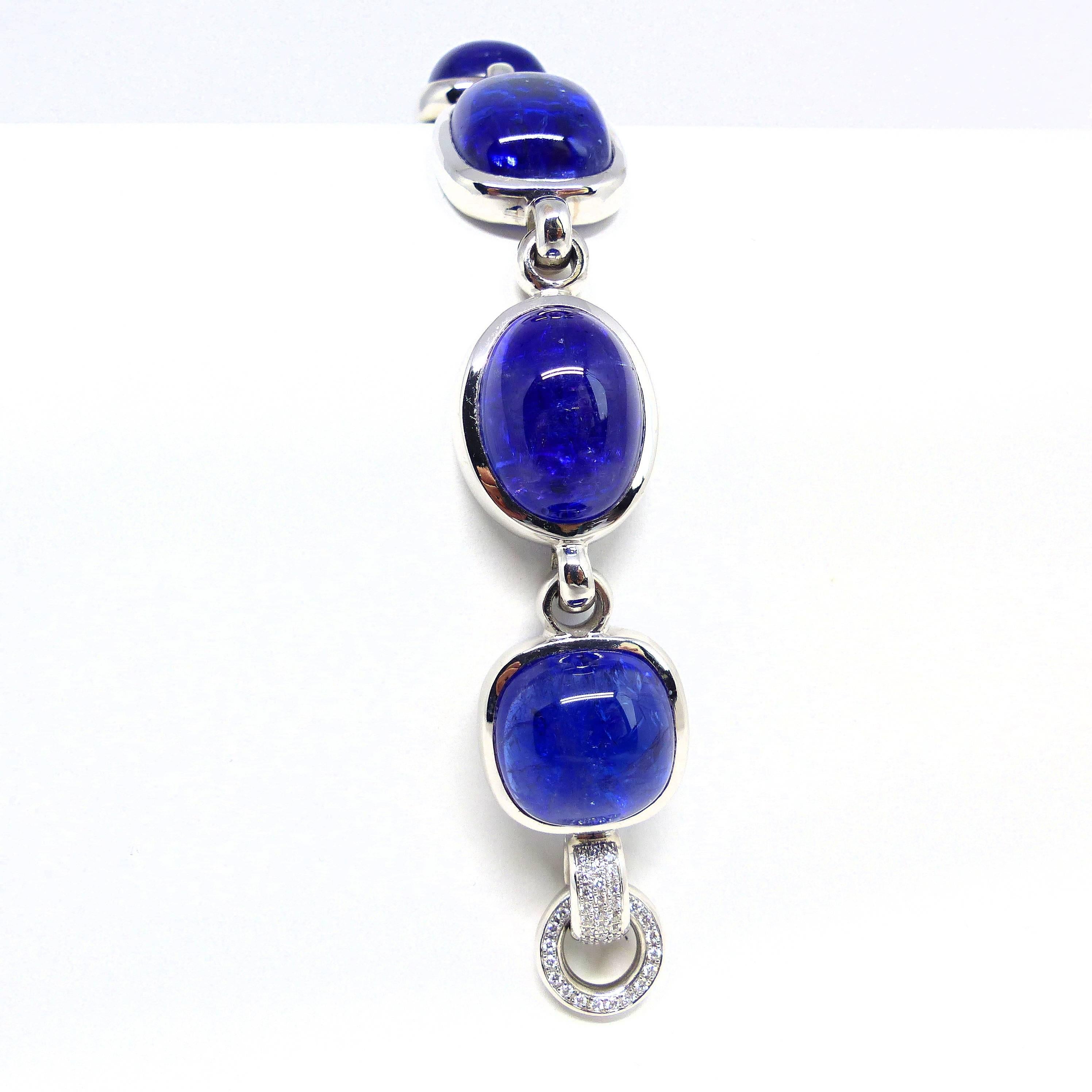 Cabochon Bracelet in White Gold with 6 Tanzanite Cabouchons and Diamonds. For Sale