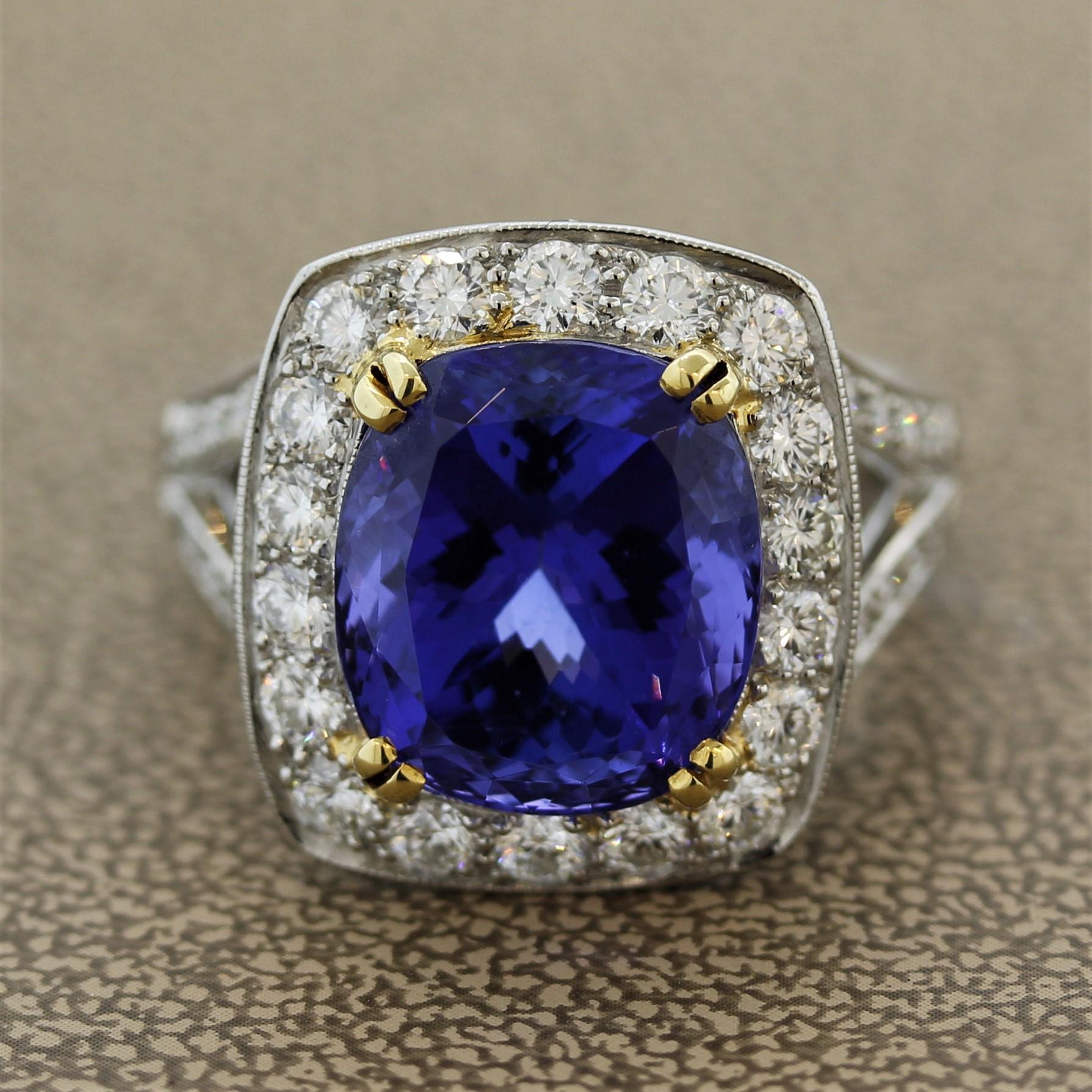 A finely made ring featuring a gem quality cushion shaped tanzanite weighing 8.79 carats. It has a rich blue color with bright flashes of purple. It is accented by 1.62 carats of round brilliant cut diamonds set in a hand fabricated platinum