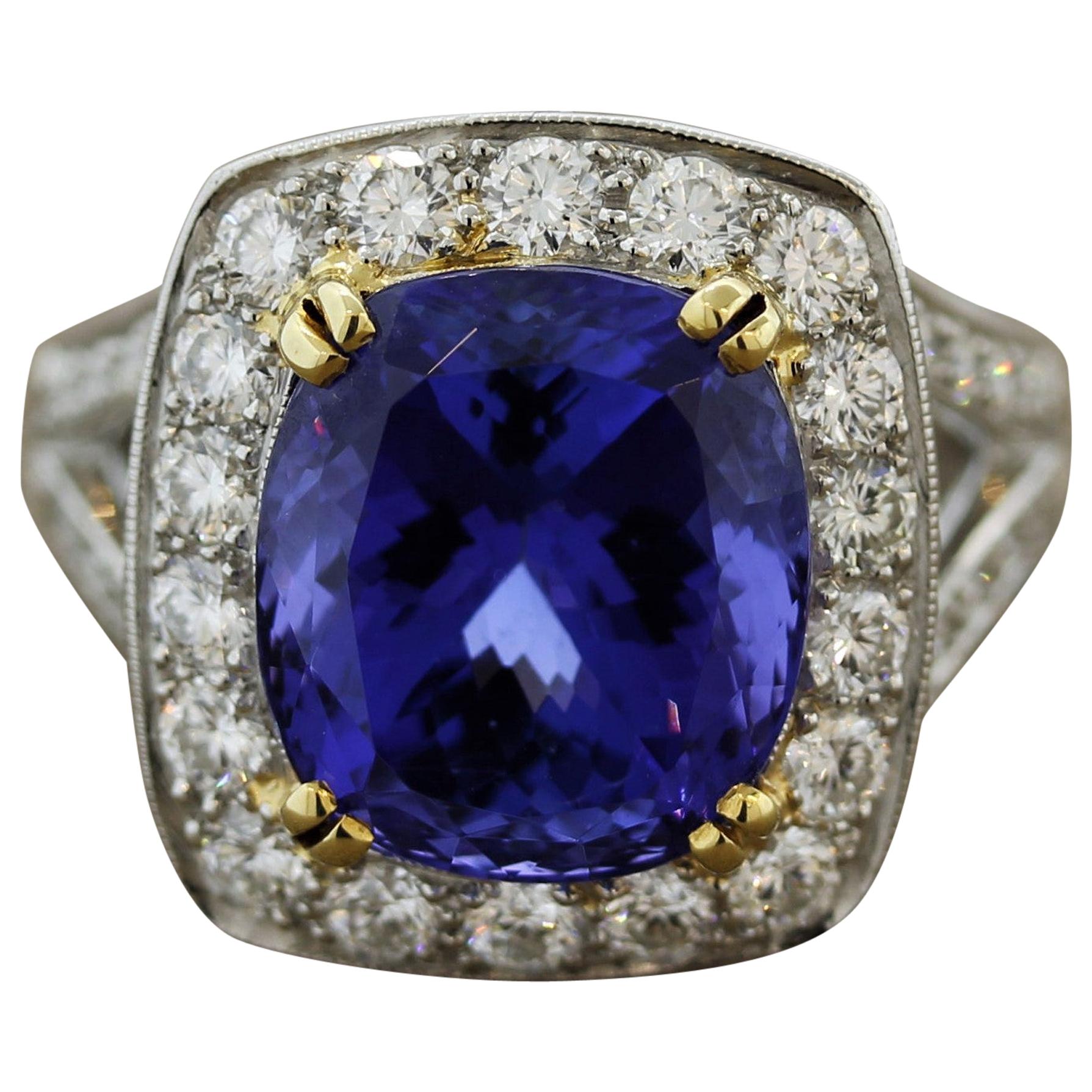 Bague cocktail en platine avec tanzanite fine et diamants