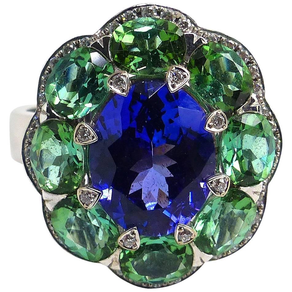 Ring in White Gold with 1Tanzanite and 8 Tourmalines and Diamonds. For Sale