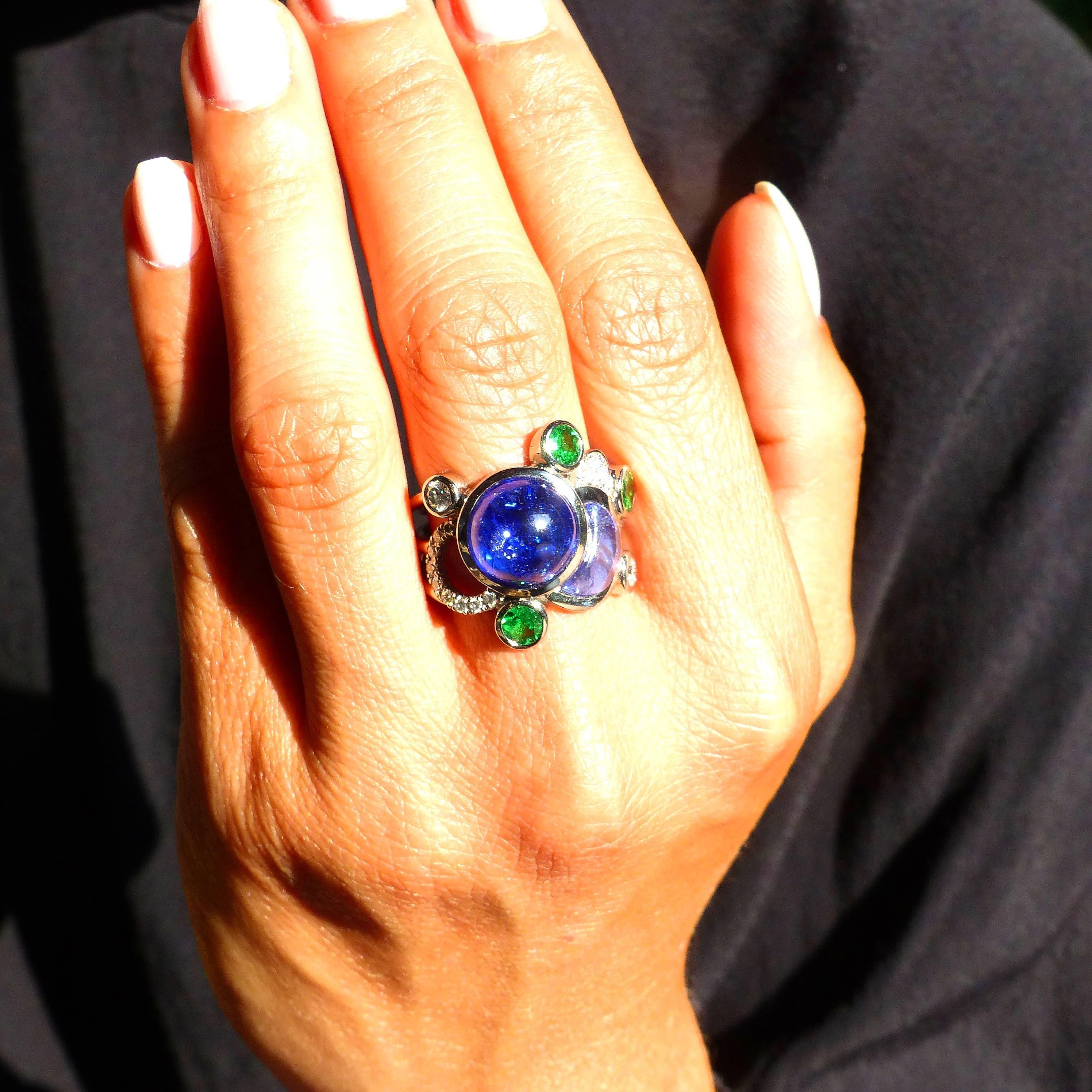 Radiant Cut Ring in White Gold with Tanzanites and Tsavorites and Diamonds. For Sale
