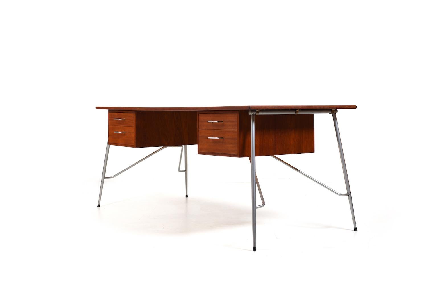 Steel Fine Teak Desk Mod.202 by Børge Mogensen for Søborg Møbler 1953 For Sale