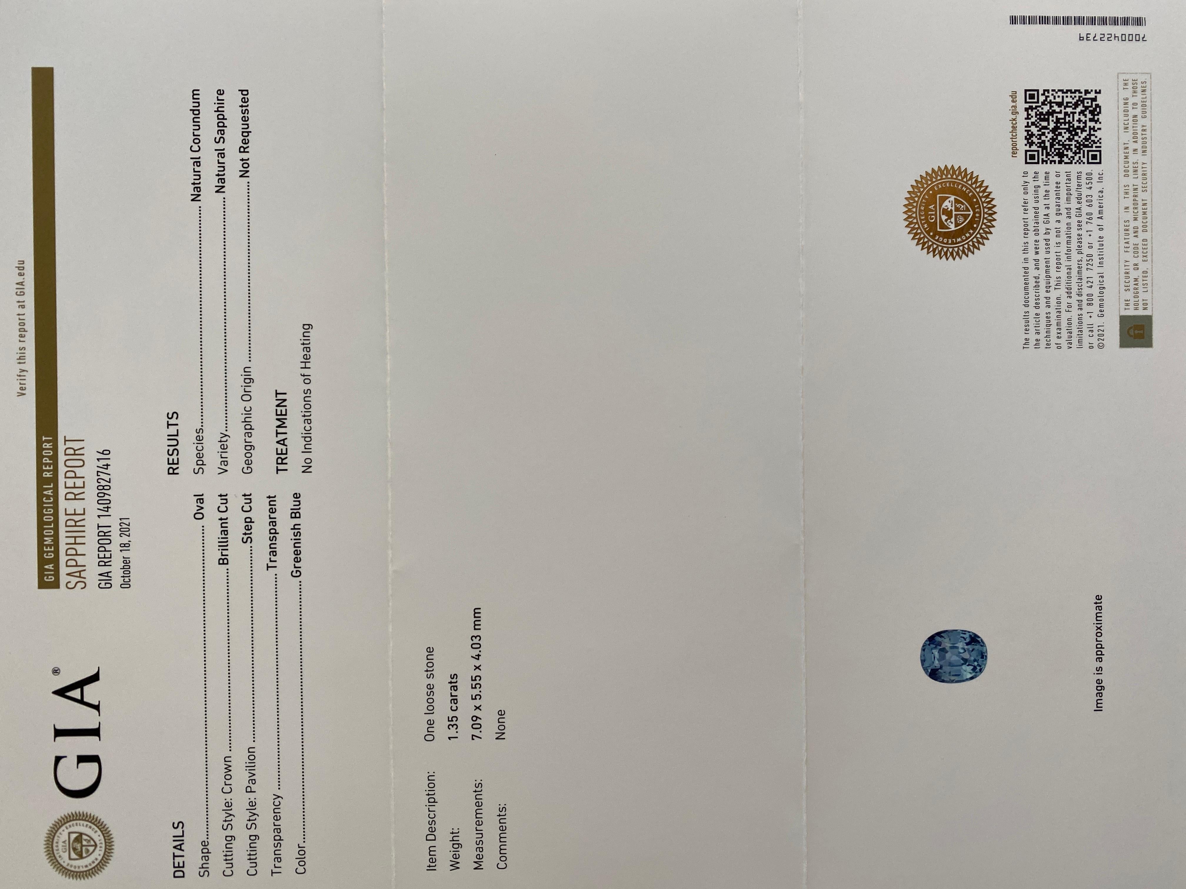 Feiner blauer Teal Grün Blauer GIA zertifiziert 1,35 Karat unerhitzter Saphir Ovalschliff Unbehandelt im Zustand „Neu“ im Angebot in Birmingham, GB