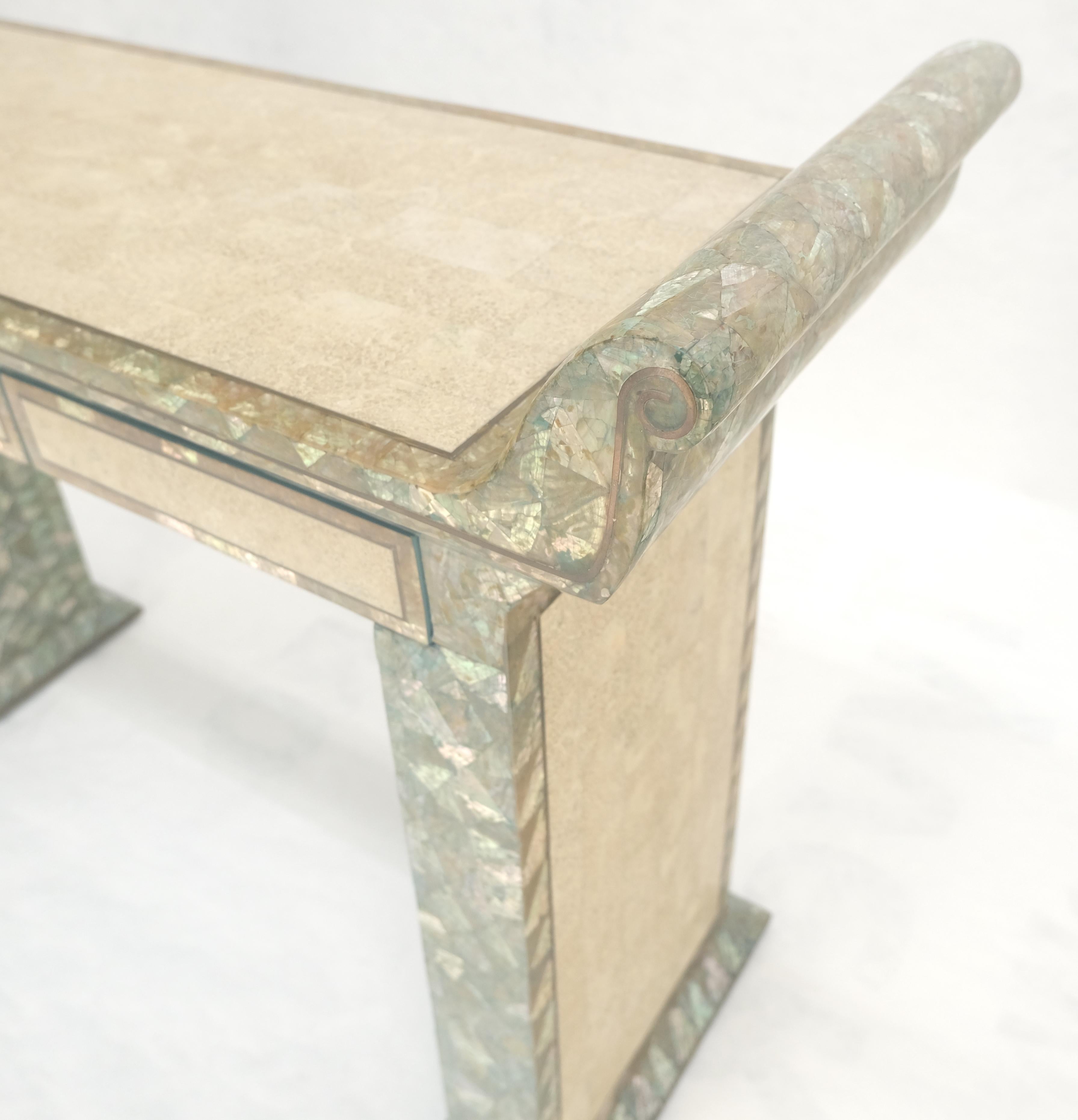 Fine Tessellated Stone Tile Mother of Pearl Rolled Edges 3 Drawers Console Table For Sale 4