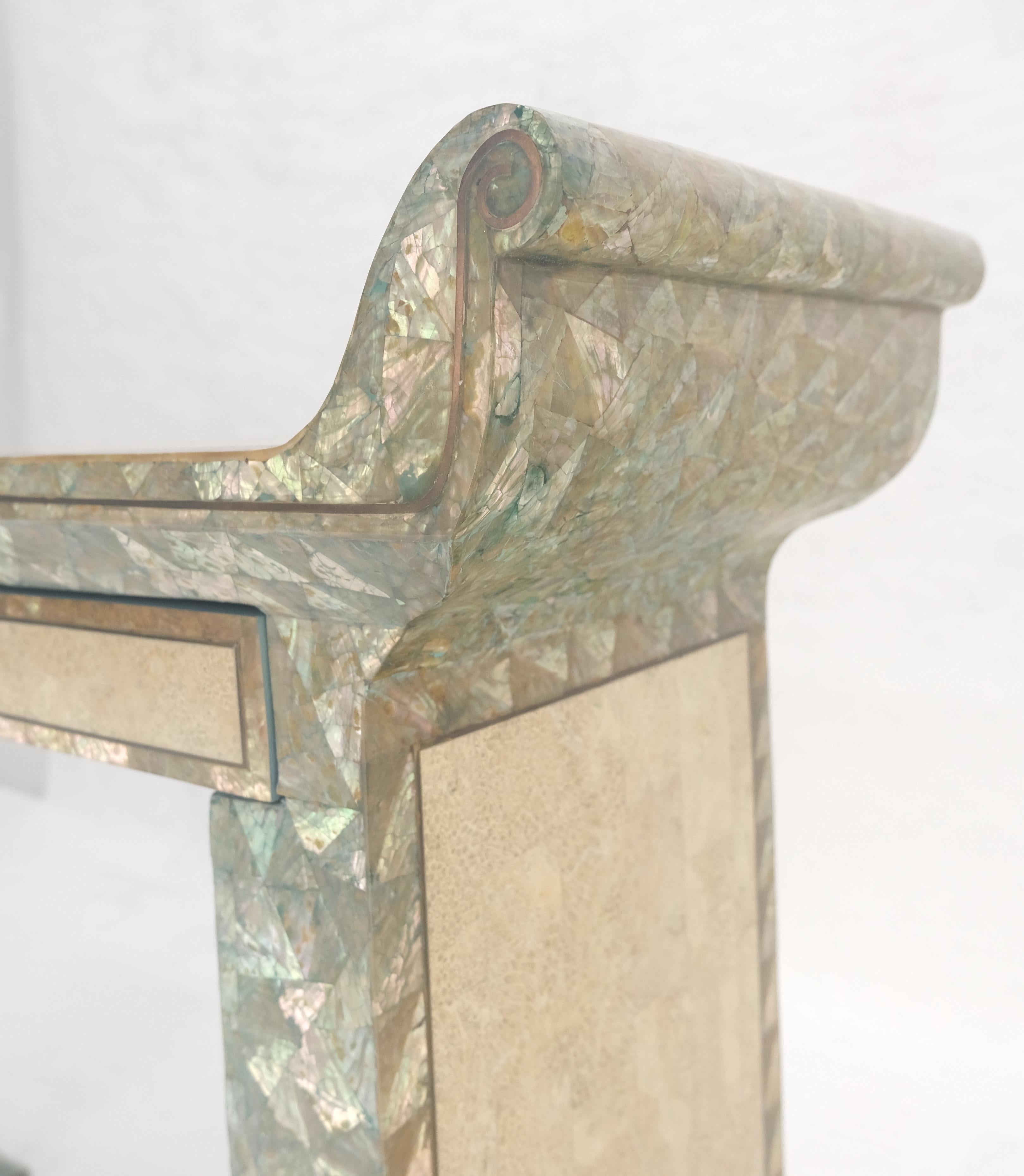 Fine Tessellated Stone Tile Mother of Pearl Rolled Edges 3 Drawers Console Table For Sale 6
