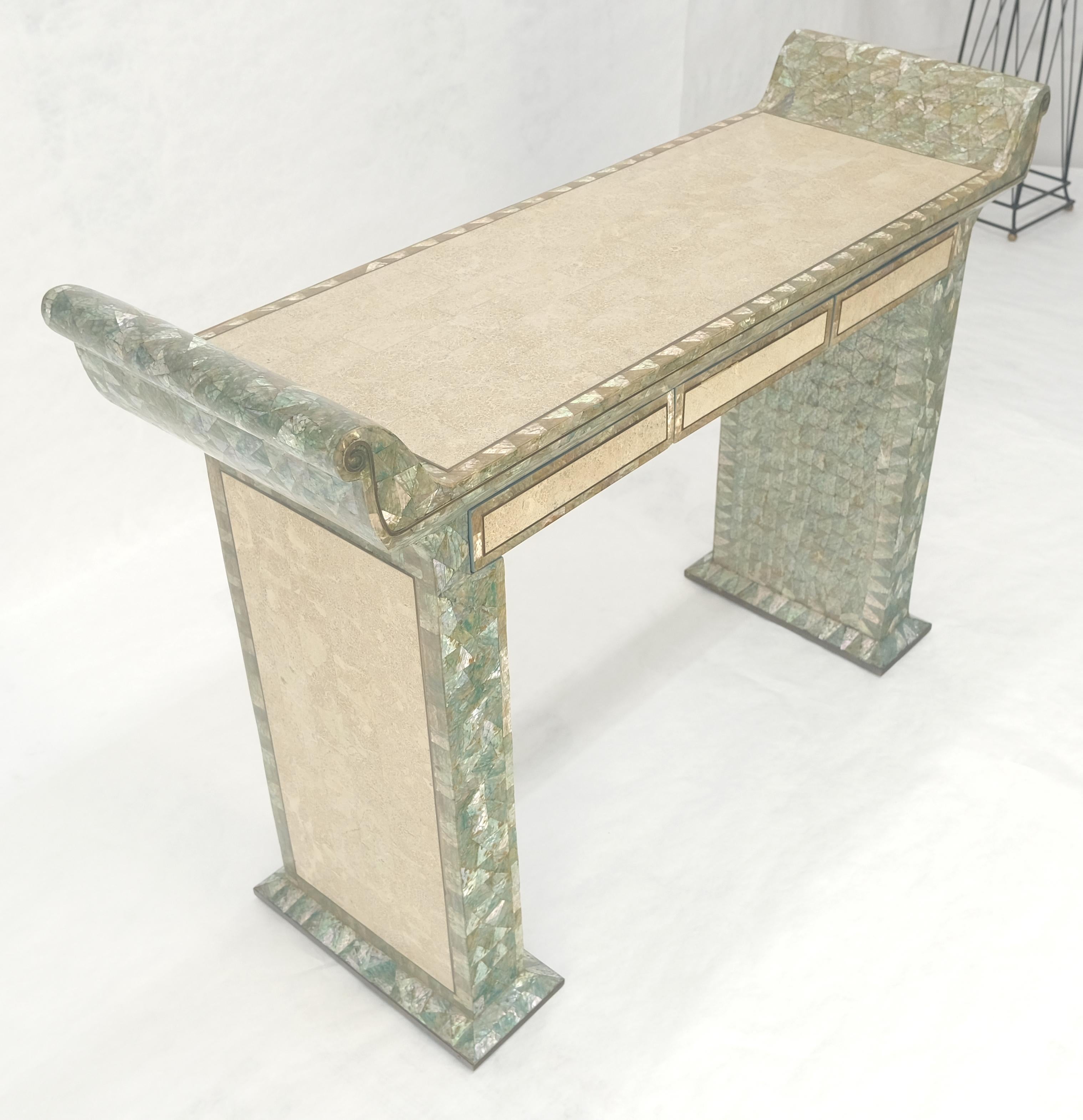 Fine Tessellated Stone Tile Mother of Pearl Rolled Edges 3 Drawers Console Table For Sale 7