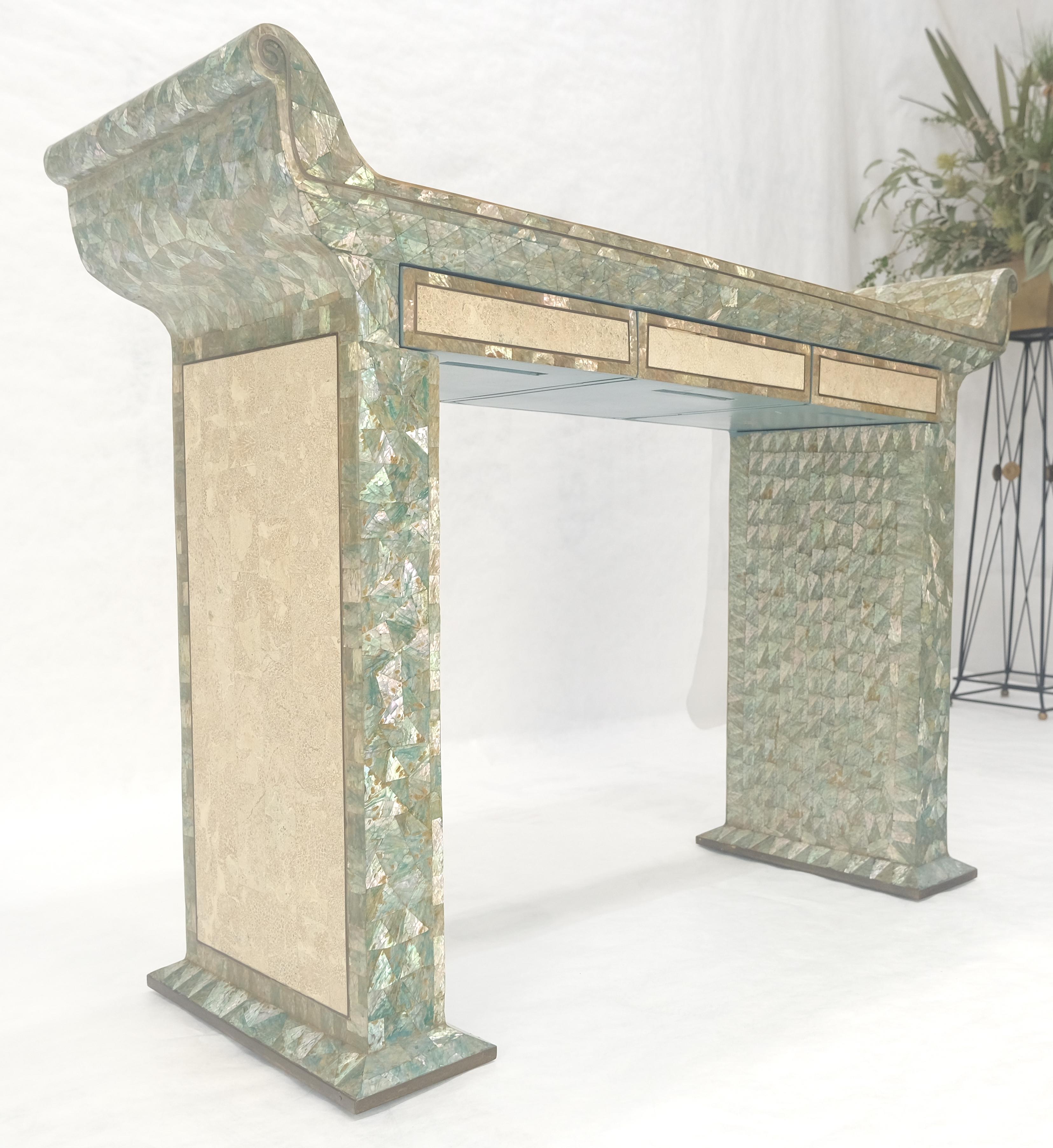 Fine Tessellated Stone Tile Mother of Pearl Rolled Edges 3 Drawers Console Table For Sale 8
