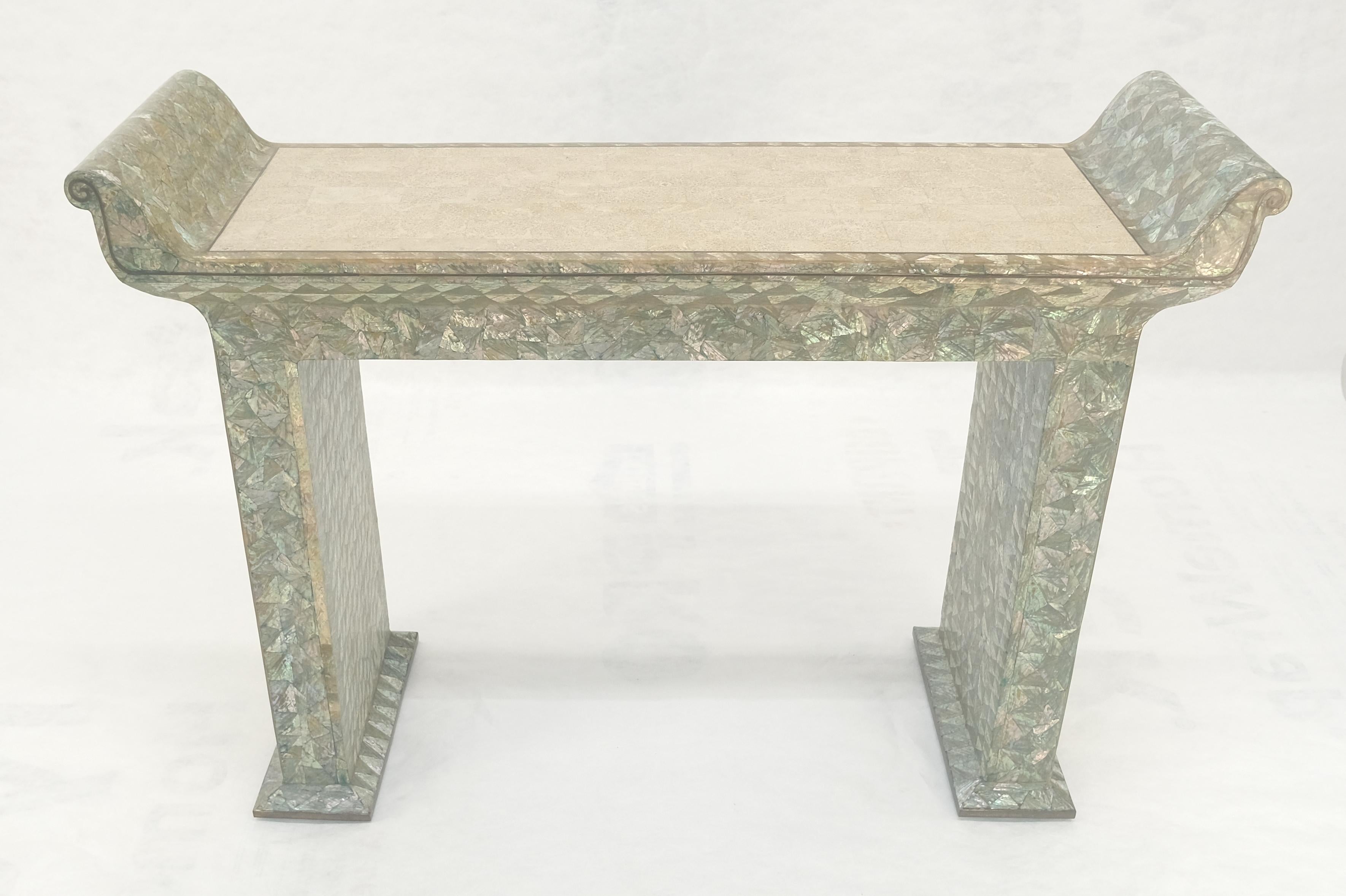 Fine Tessellated Stone Tile Mother of Pearl Rolled Edges 3 Drawers Console Table For Sale 9