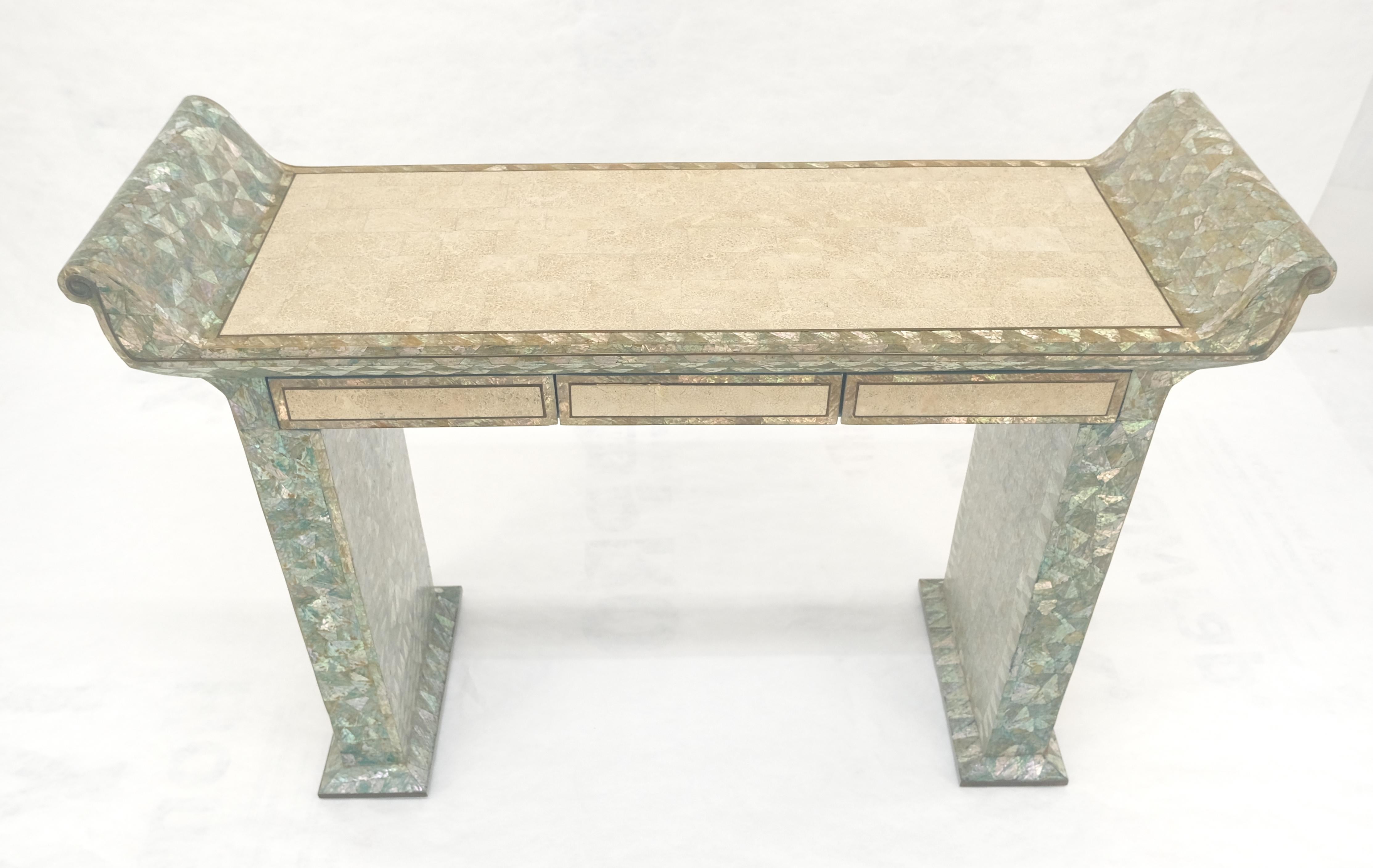 Fine Tessellated Stone Tile Mother of Pearl Rolled Edges 3 Drawers Console Table MINT