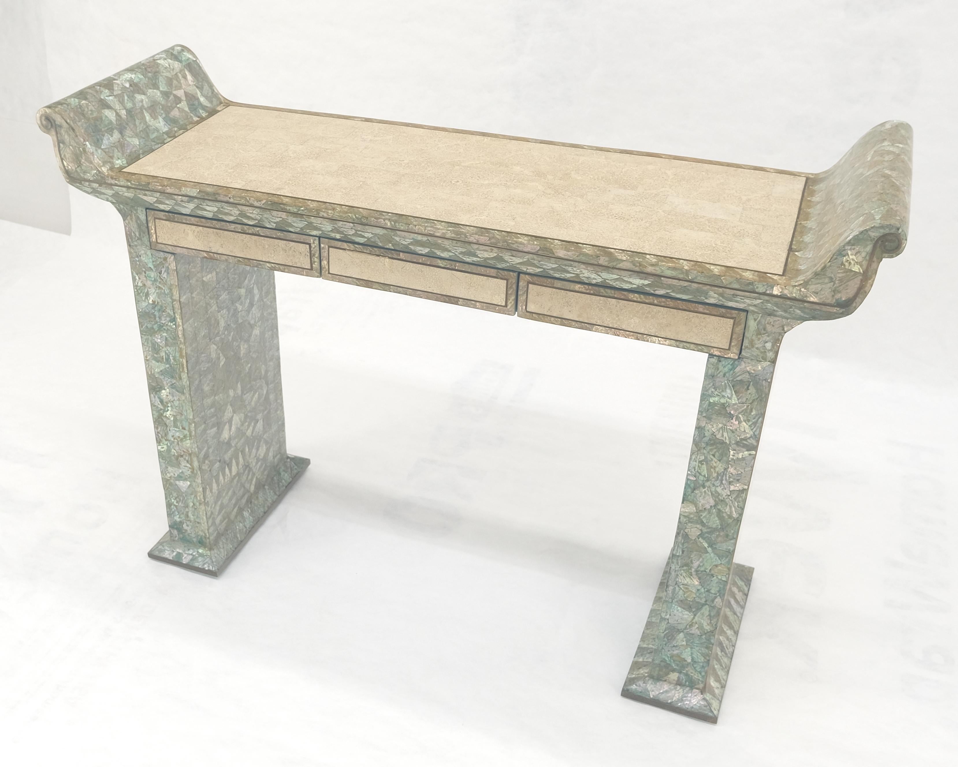 Mid-Century Modern Fine Tessellated Stone Tile Mother of Pearl Rolled Edges 3 Drawers Console Table For Sale