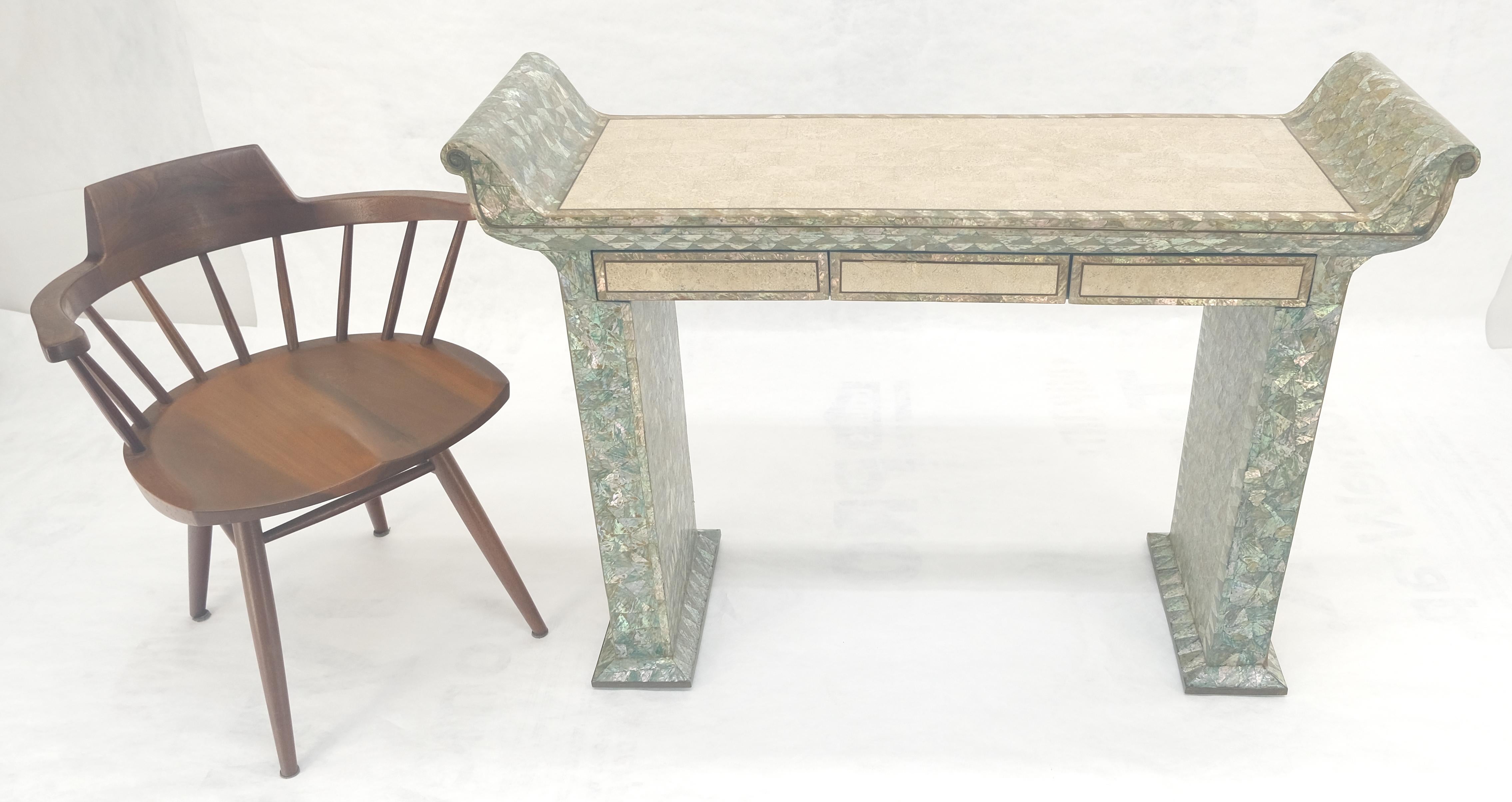 Fine Tessellated Stone Tile Mother of Pearl Rolled Edges 3 Drawers Console Table In Good Condition For Sale In Rockaway, NJ