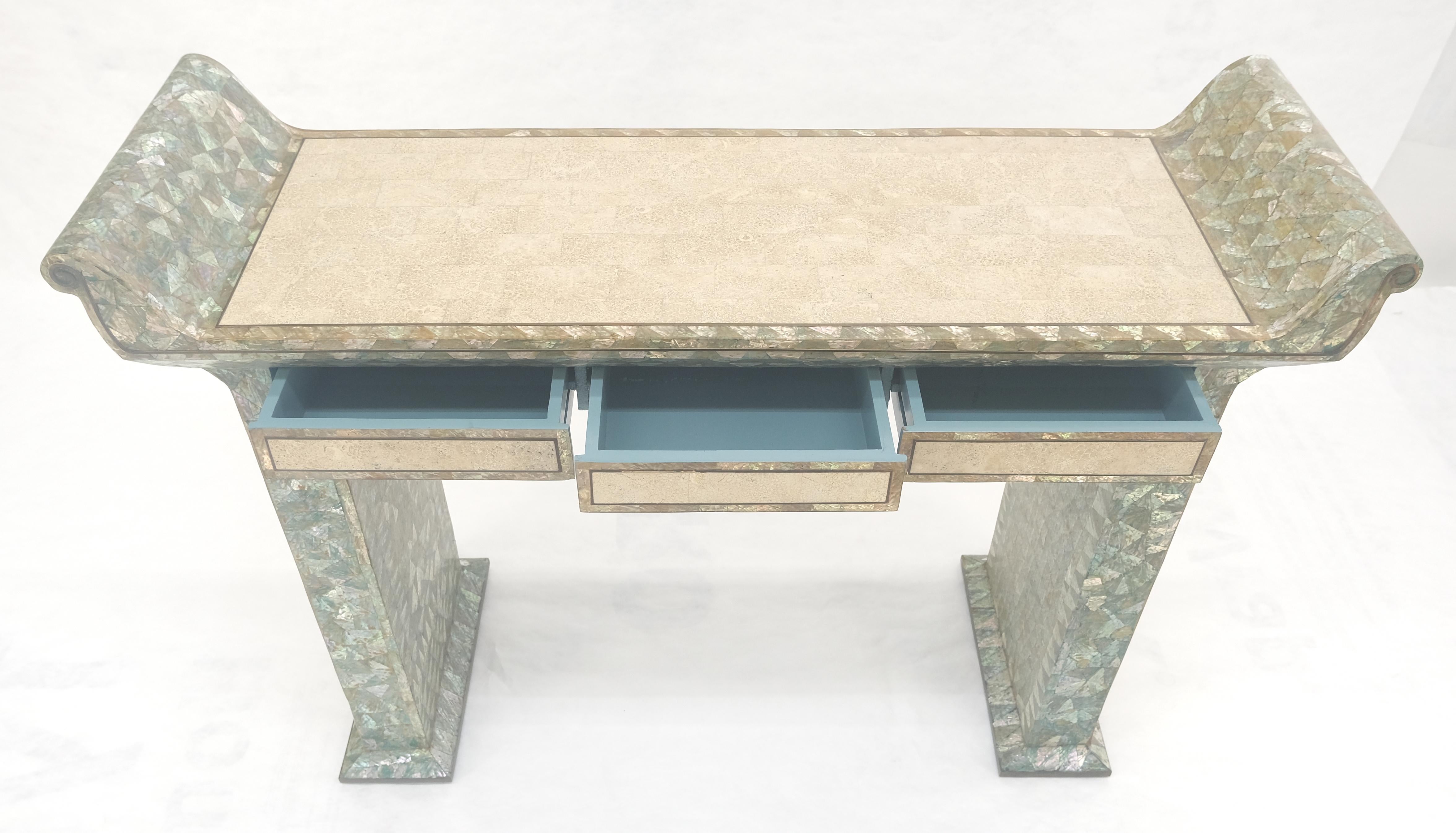 20th Century Fine Tessellated Stone Tile Mother of Pearl Rolled Edges 3 Drawers Console Table For Sale