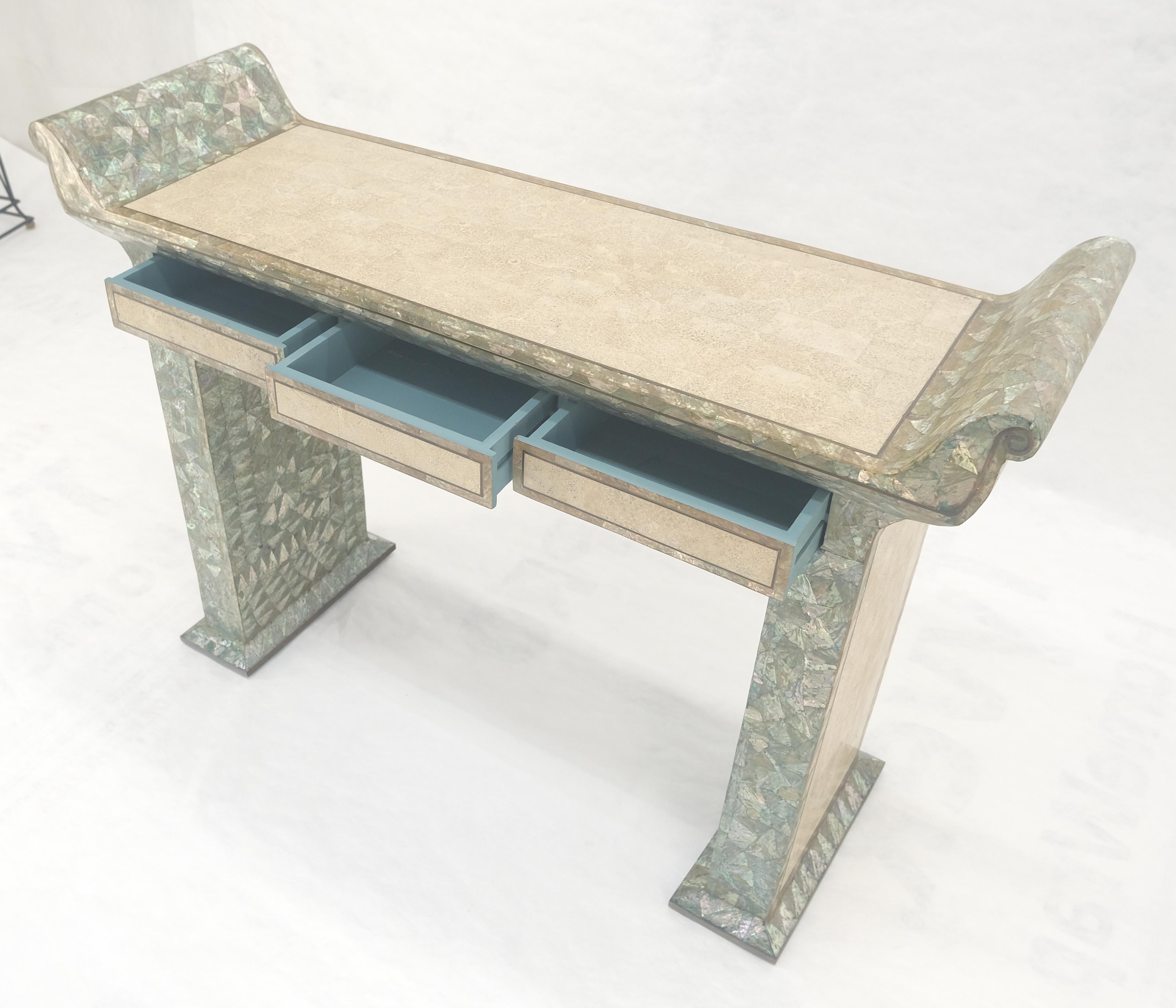 Brass Fine Tessellated Stone Tile Mother of Pearl Rolled Edges 3 Drawers Console Table For Sale