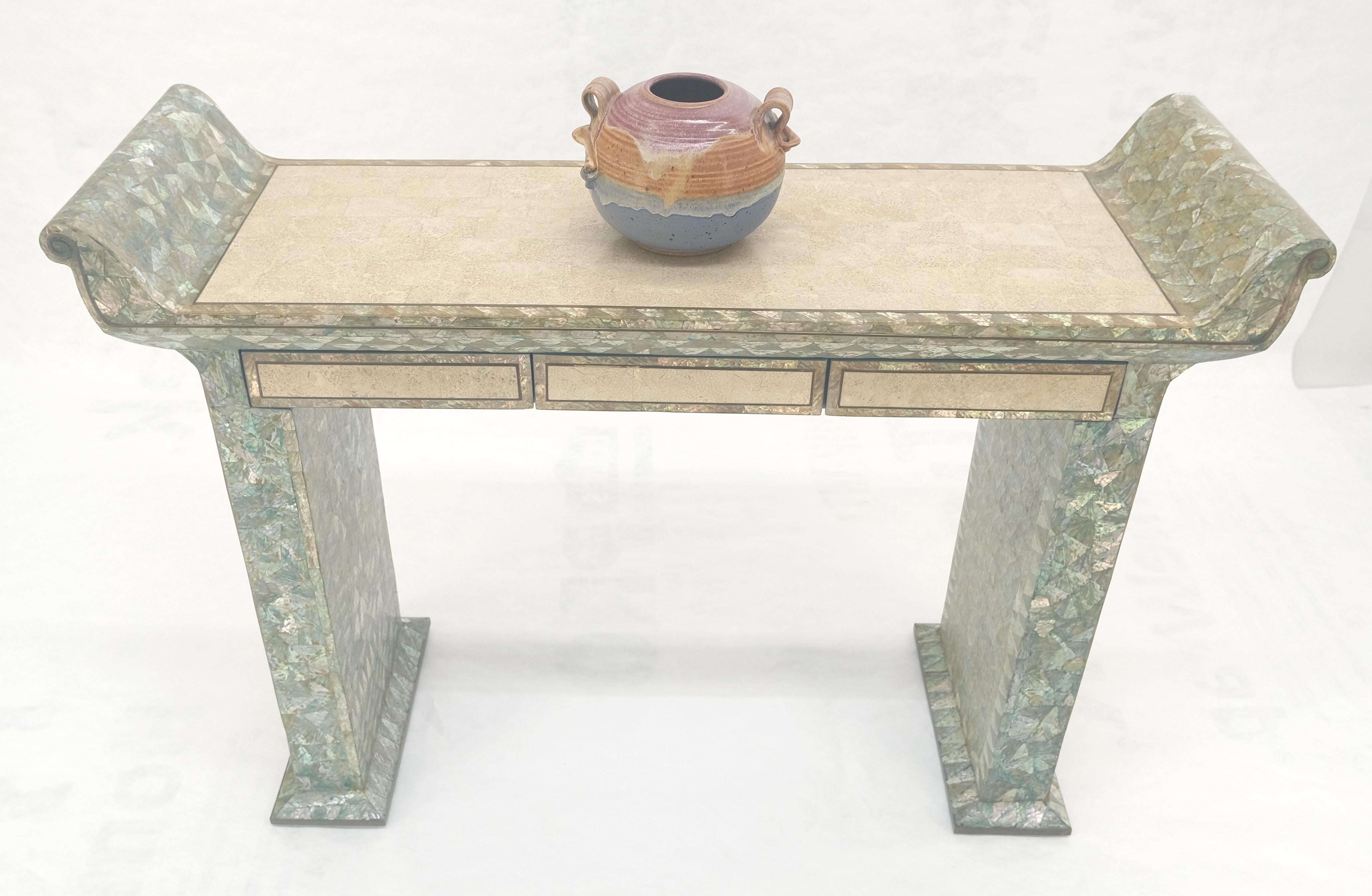 Fine Tessellated Stone Tile Mother of Pearl Rolled Edges 3 Drawers Console Table For Sale 1