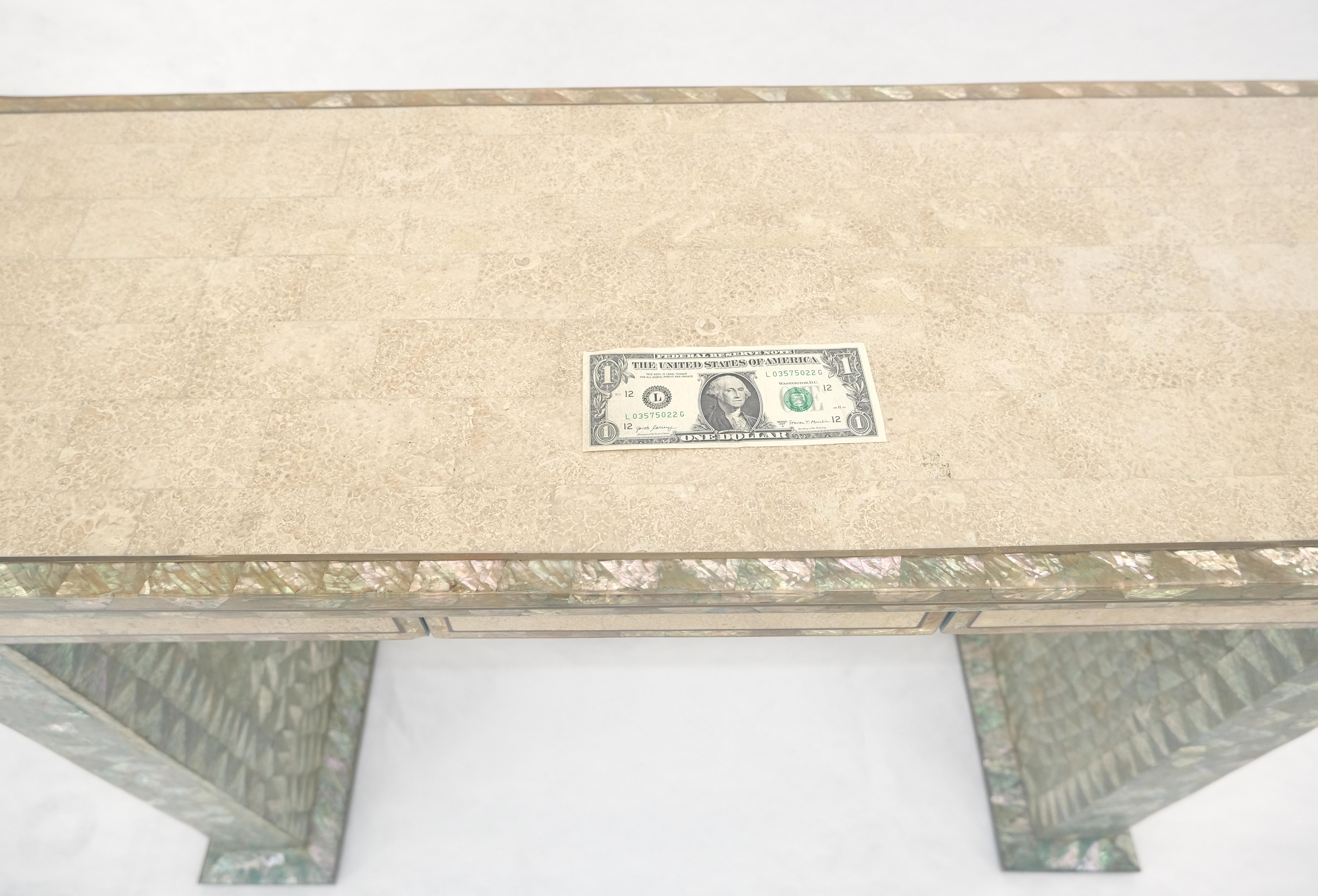 Fine Tessellated Stone Tile Mother of Pearl Rolled Edges 3 Drawers Console Table For Sale 2